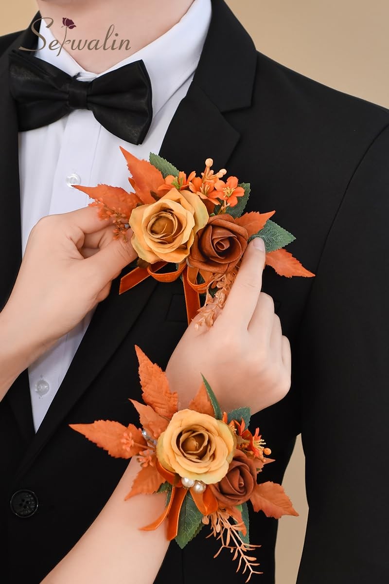 2 PCS Orange 6-7 Inch Wrist Corsage Boutonniere Set Wedding Prom Ceremony