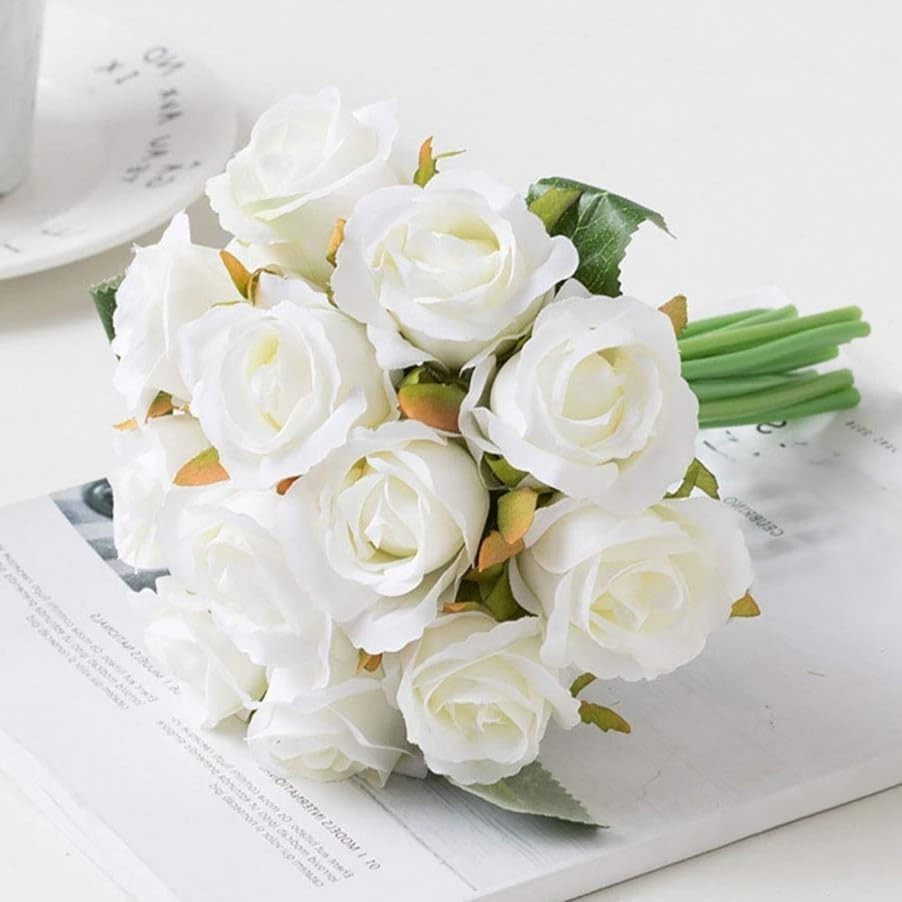 Stunning 12pc White Faux Silk Rose Bouquet – Ideal for Weddings & Parties