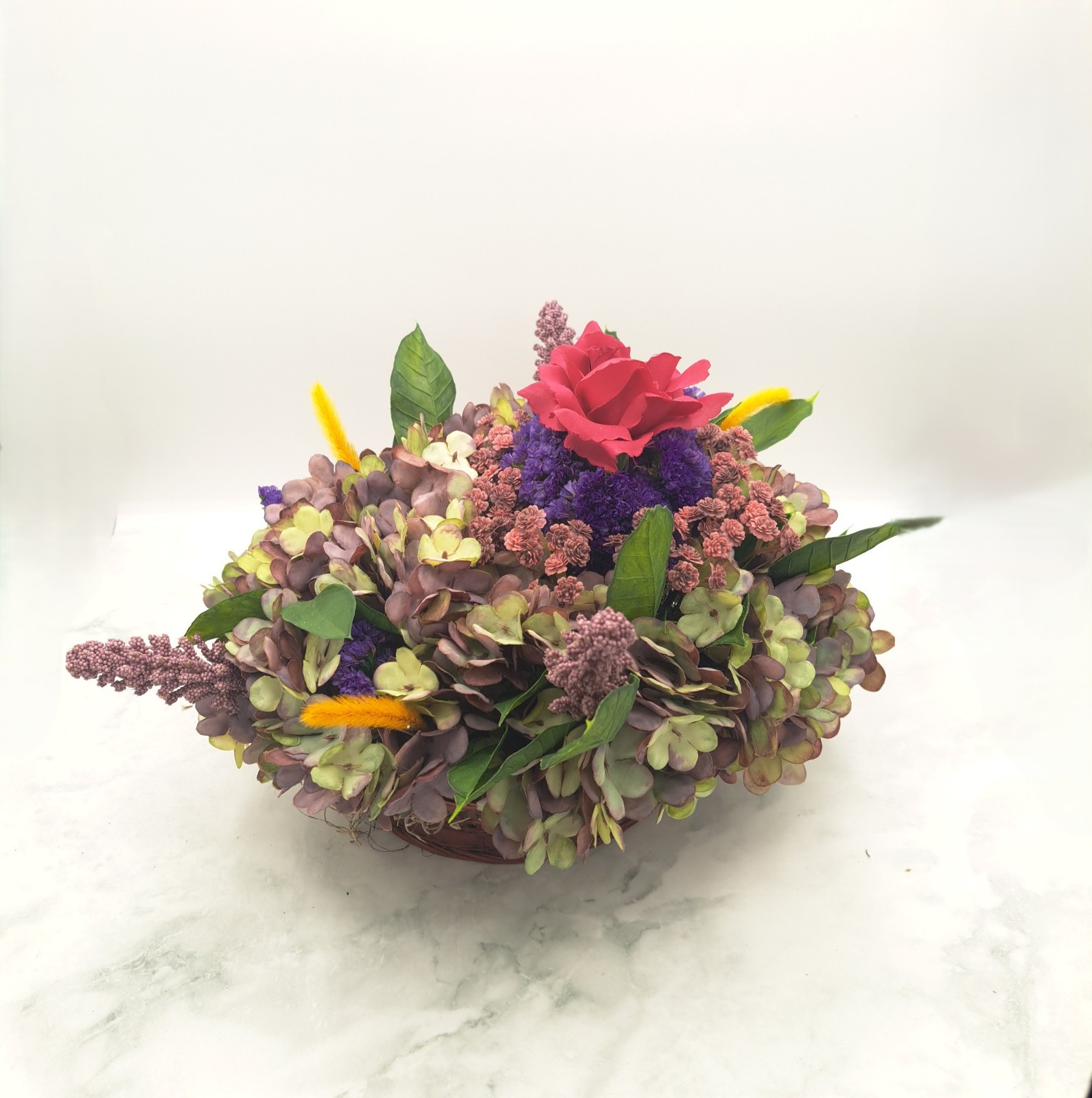 Handmade Hydrangea & Rose Dried/Silk Flower Arrangement w/ Vintage Basket