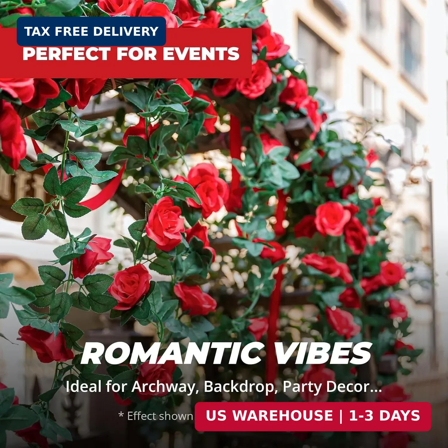 2 Pack 16FT Artificial Rose Garland Vine – Silk Fake Rose Flower Hanging Red
