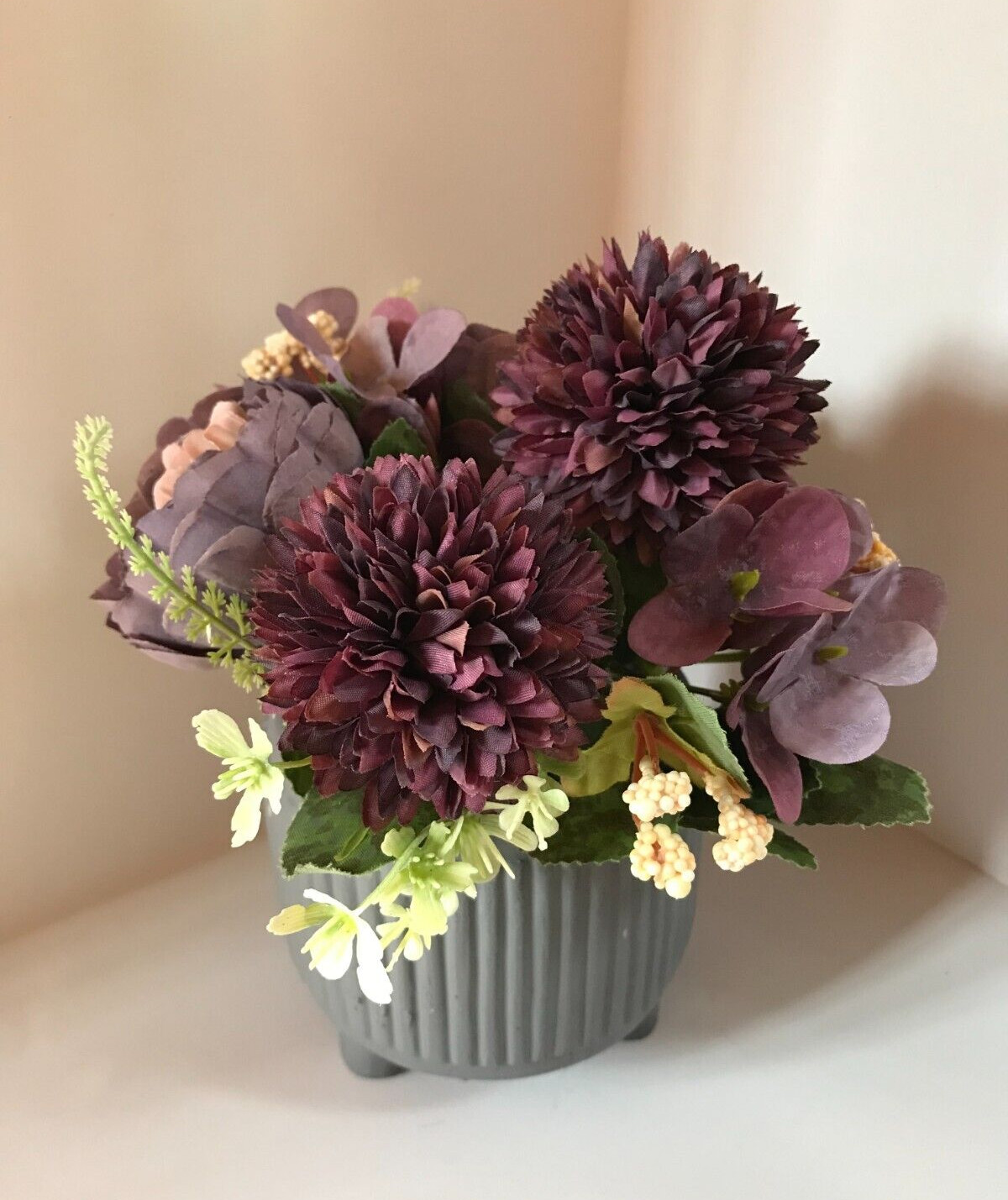Artificial Silk Purple Hydrangea Peony Bouquet Flowers In Cement Grey Vase New