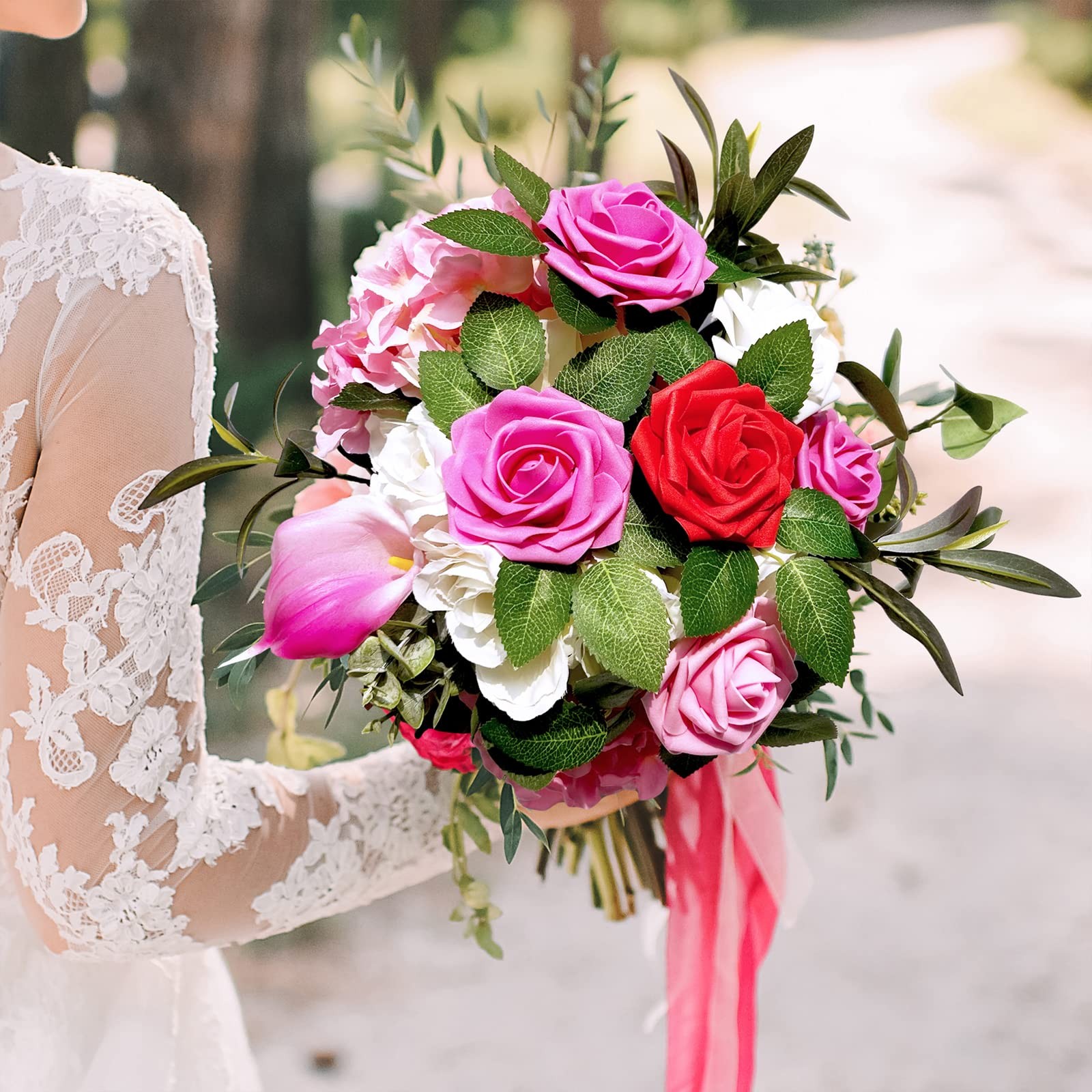 50 Pcs Real Looking Artificial Rose Flowers with Stems & Silk Leaves Bulk- Re…