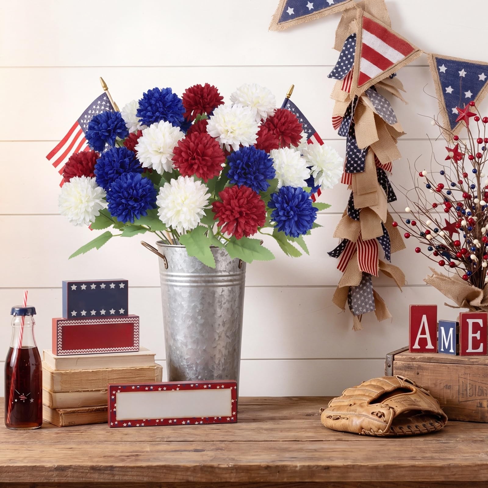 4 of July Decor Faux Chrysanthemums Artificial Flowers 27Heads Fake Silk Mums…