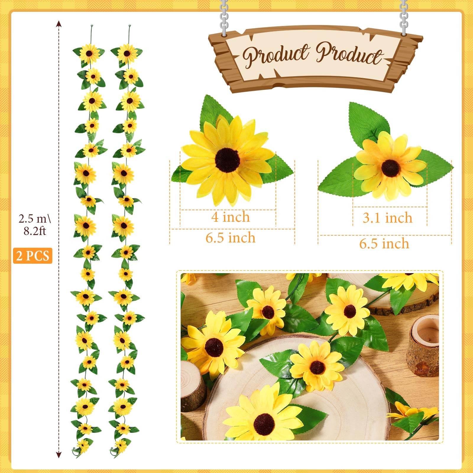 2 Pcs 8.2 FT Artificial Sunflower Garland Decoration 3 Inch 4 Inch Sunflowers…