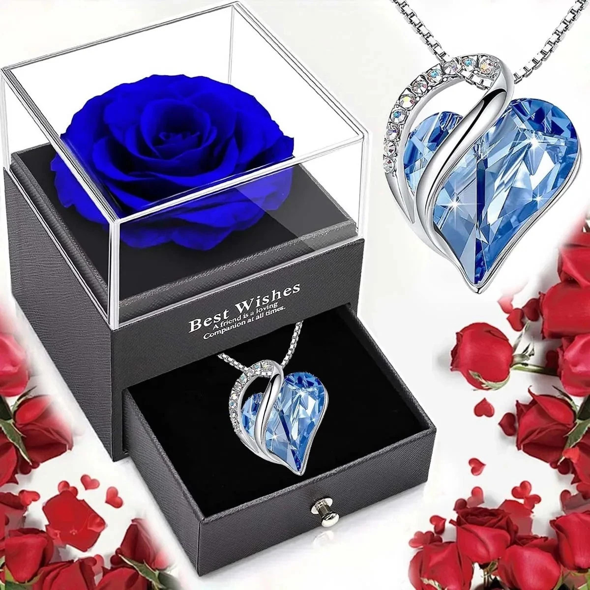 Preserved Eternal Real Rose Flower Gift Box With 14K Gold Plated Silver Necklace