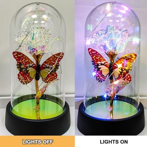Light Up Rose in Glass Dome LED Butterfly Decor Birthday Mother Day Gift