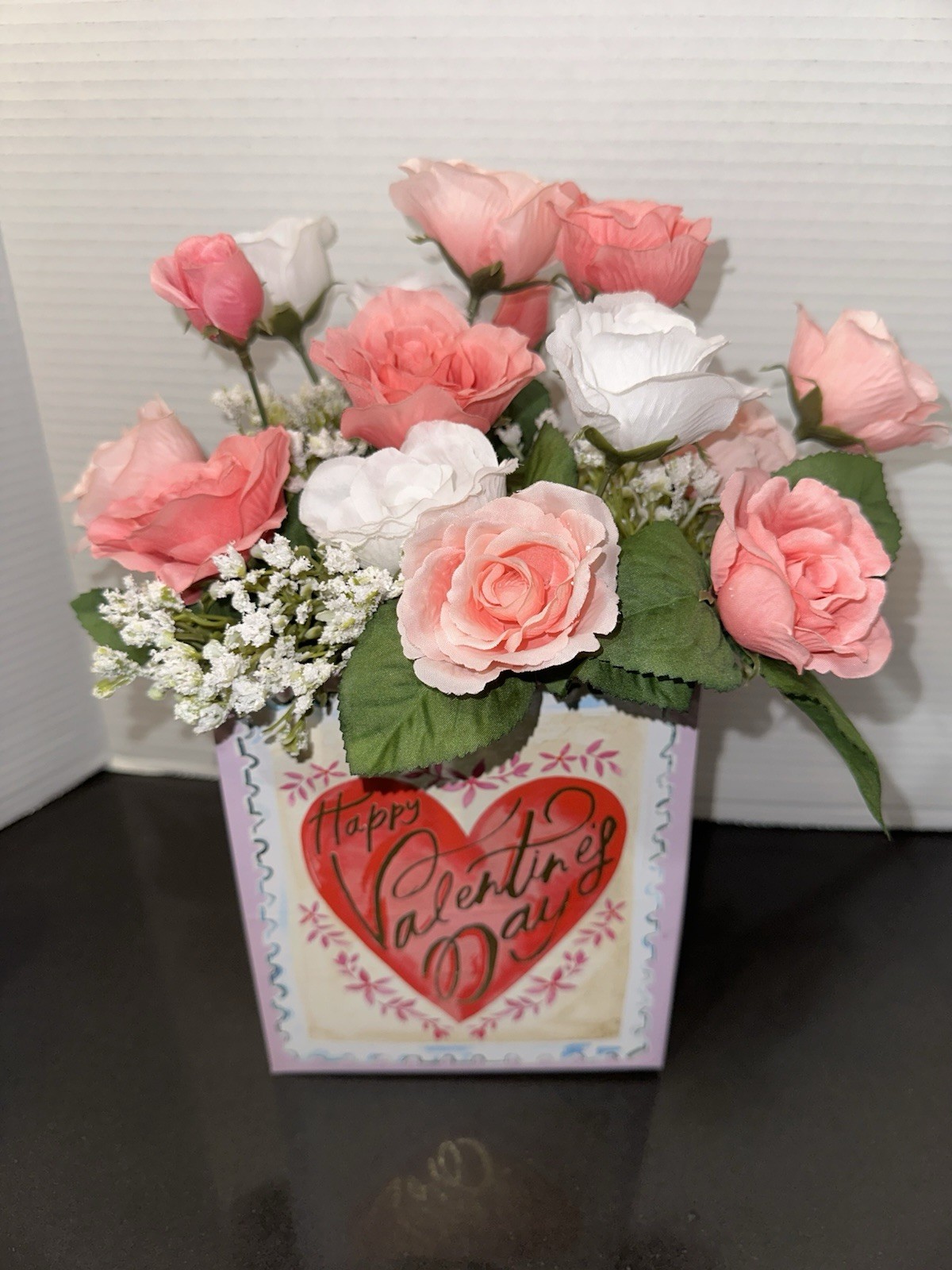 Valentine’s Day Floral Arrangement Pink & White Roses w/Baby’s Breath 12.5” x 10