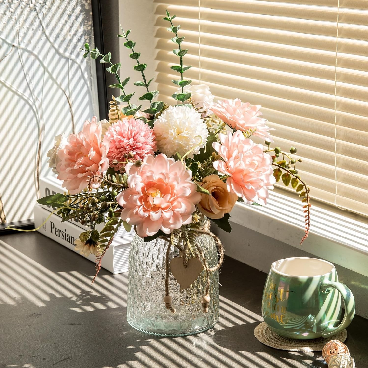 Artificial Flowers Pink Dahlia Silk Faux with Vase Aubcee Fake Home Decor Coffee