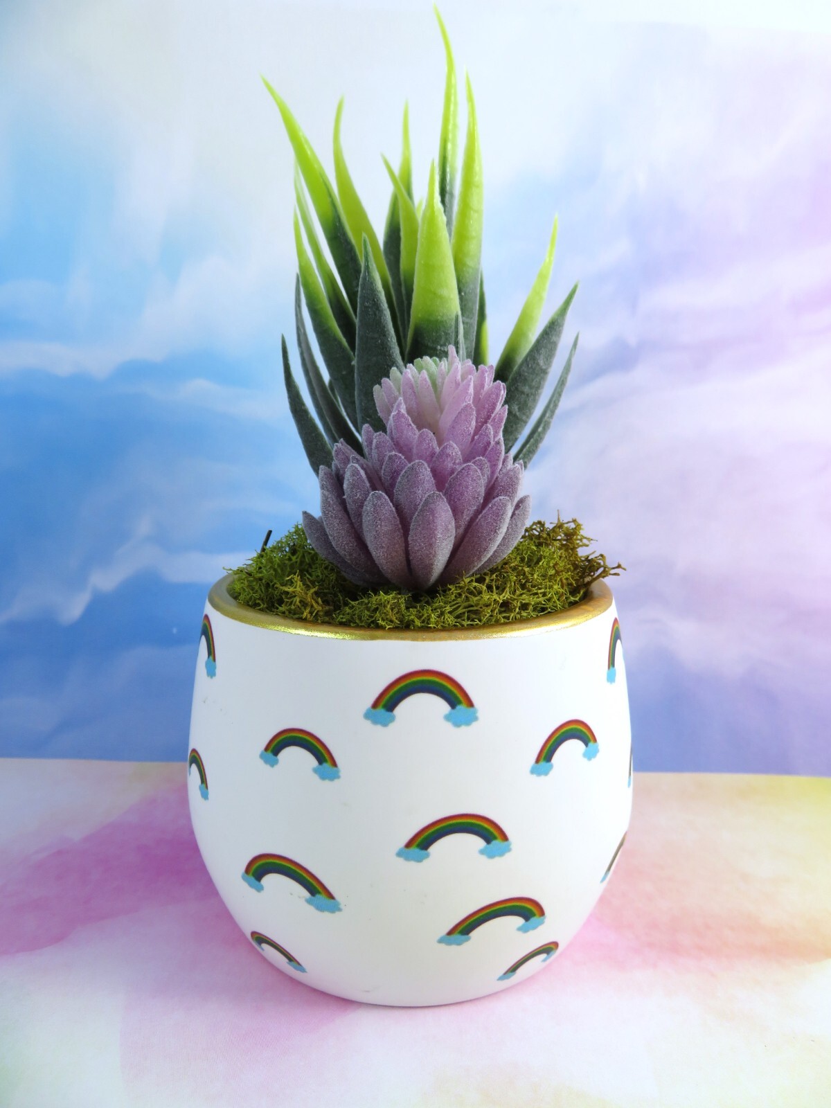 Mini Rainbows Ceramic Planter With Artificial Succulents Gold Rim 2.5 Inch New
