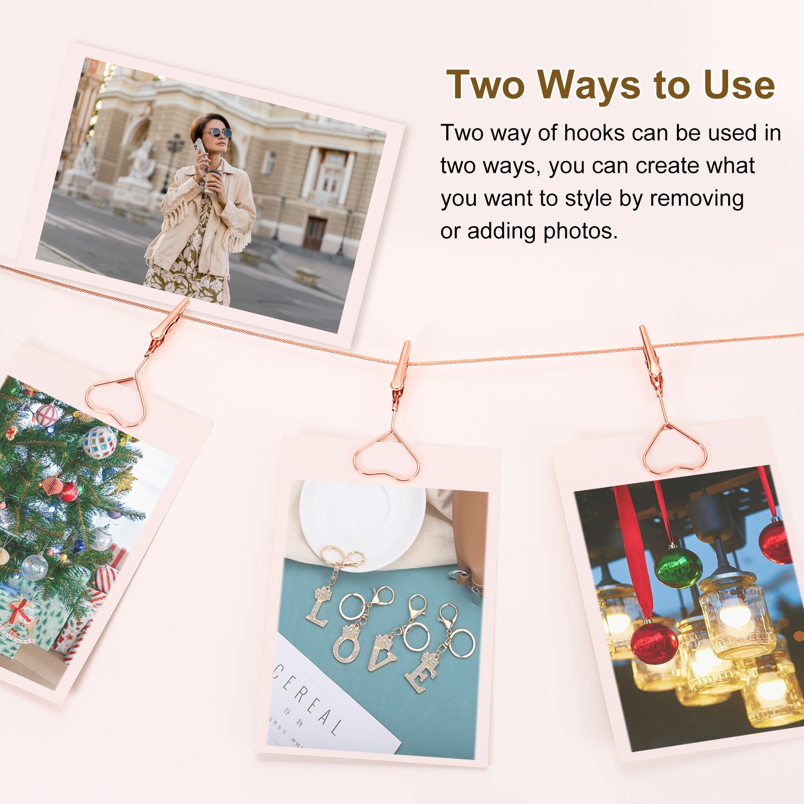 5Ft Wall Hanging Photo Display Cable Wire Rod with 10 Heart Clips, Rose Gold