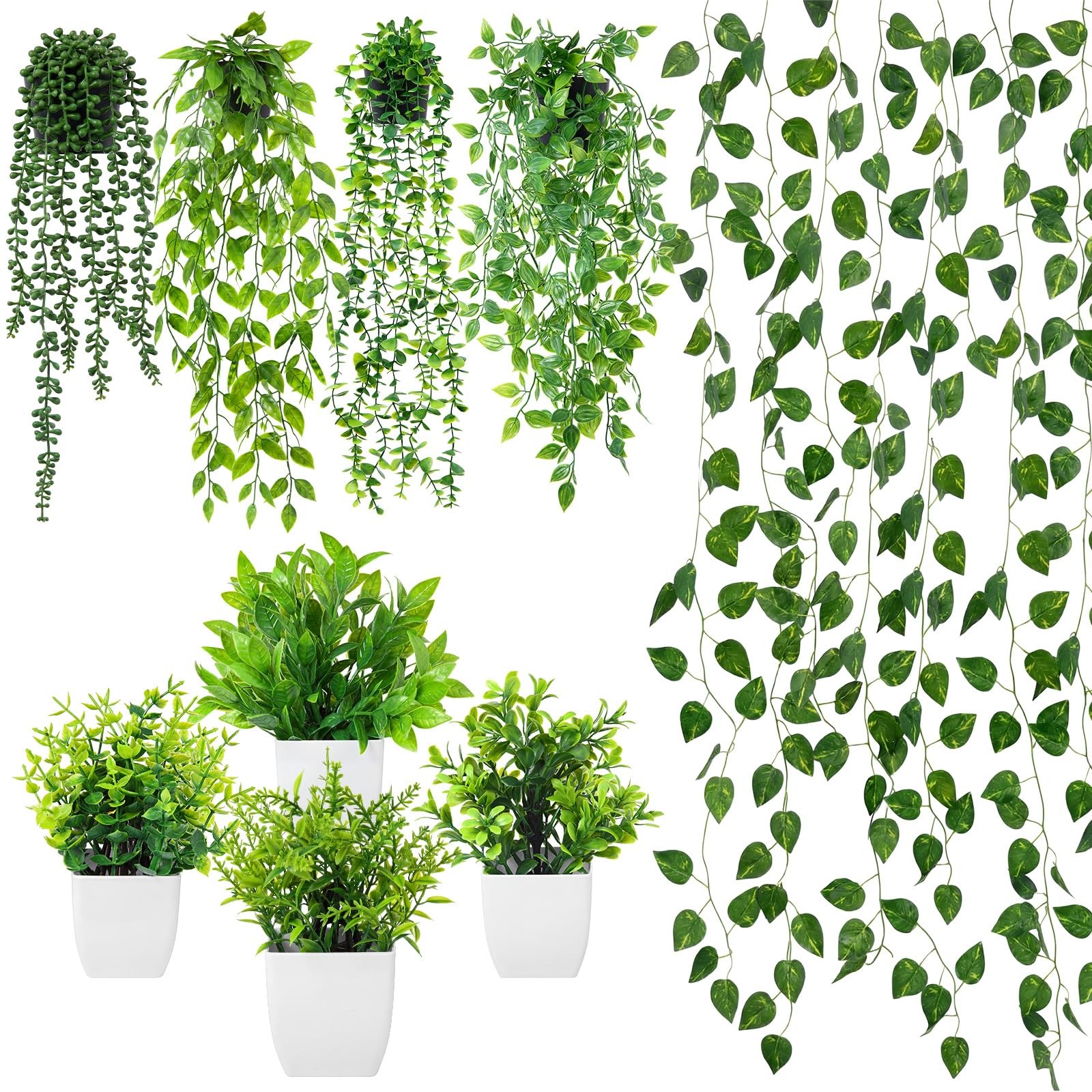 XunYee 12 Pack Fake Plants Set 4 Artificial Hanging Plants 4 Artificial Green…