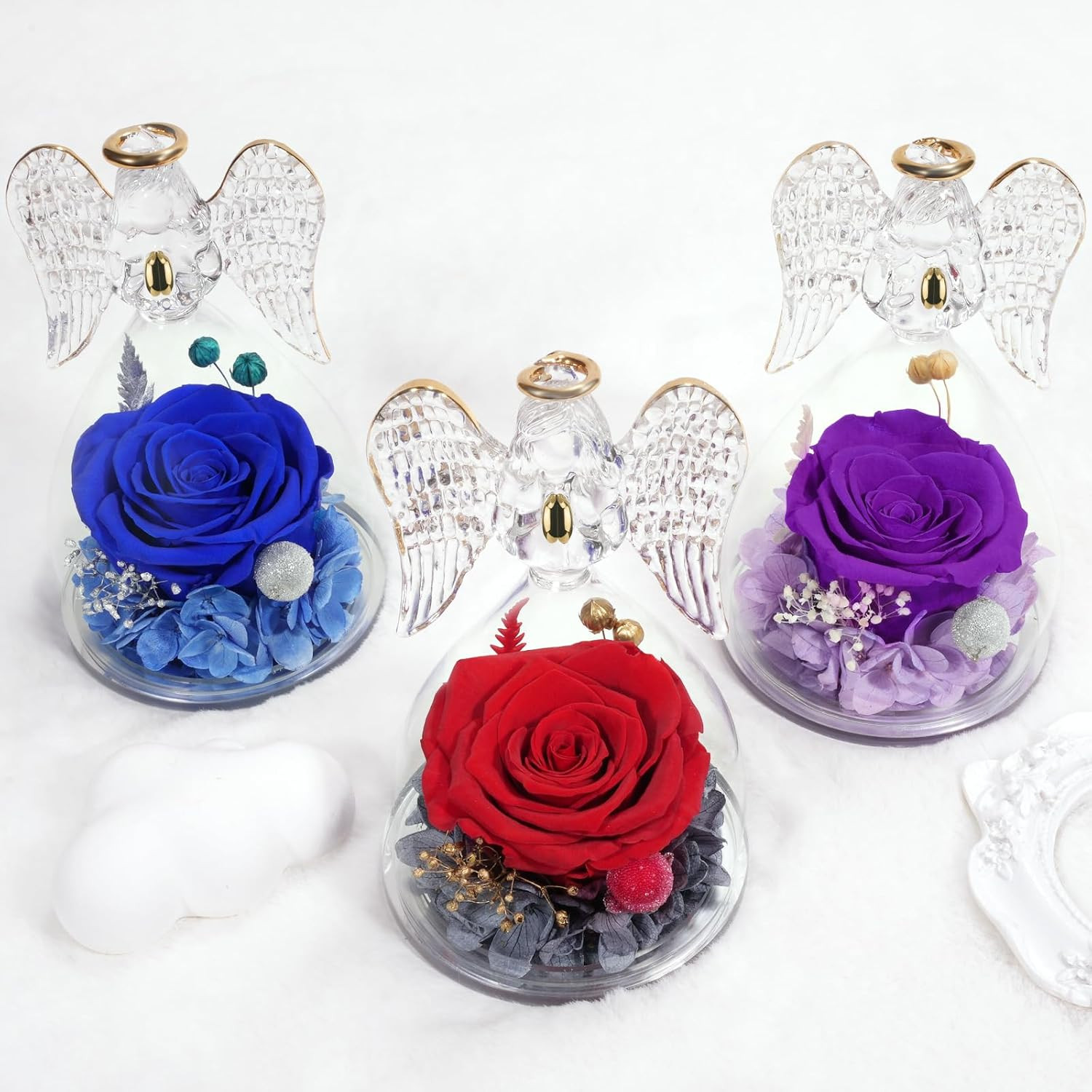 Preserved Flower Rose Birthday Gifts for Mom, Angel Figurines with Forever Real