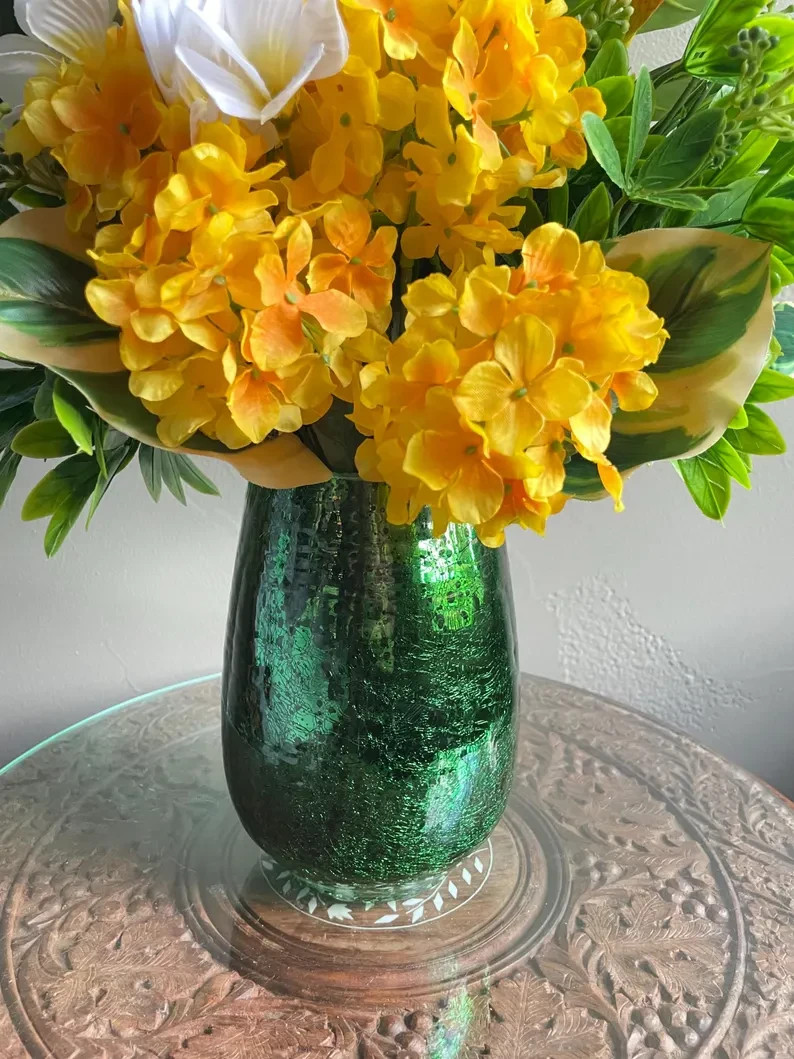 Tropical Floral Arrangement: Yellow & Green Beach House Decor, Table Centerpiece