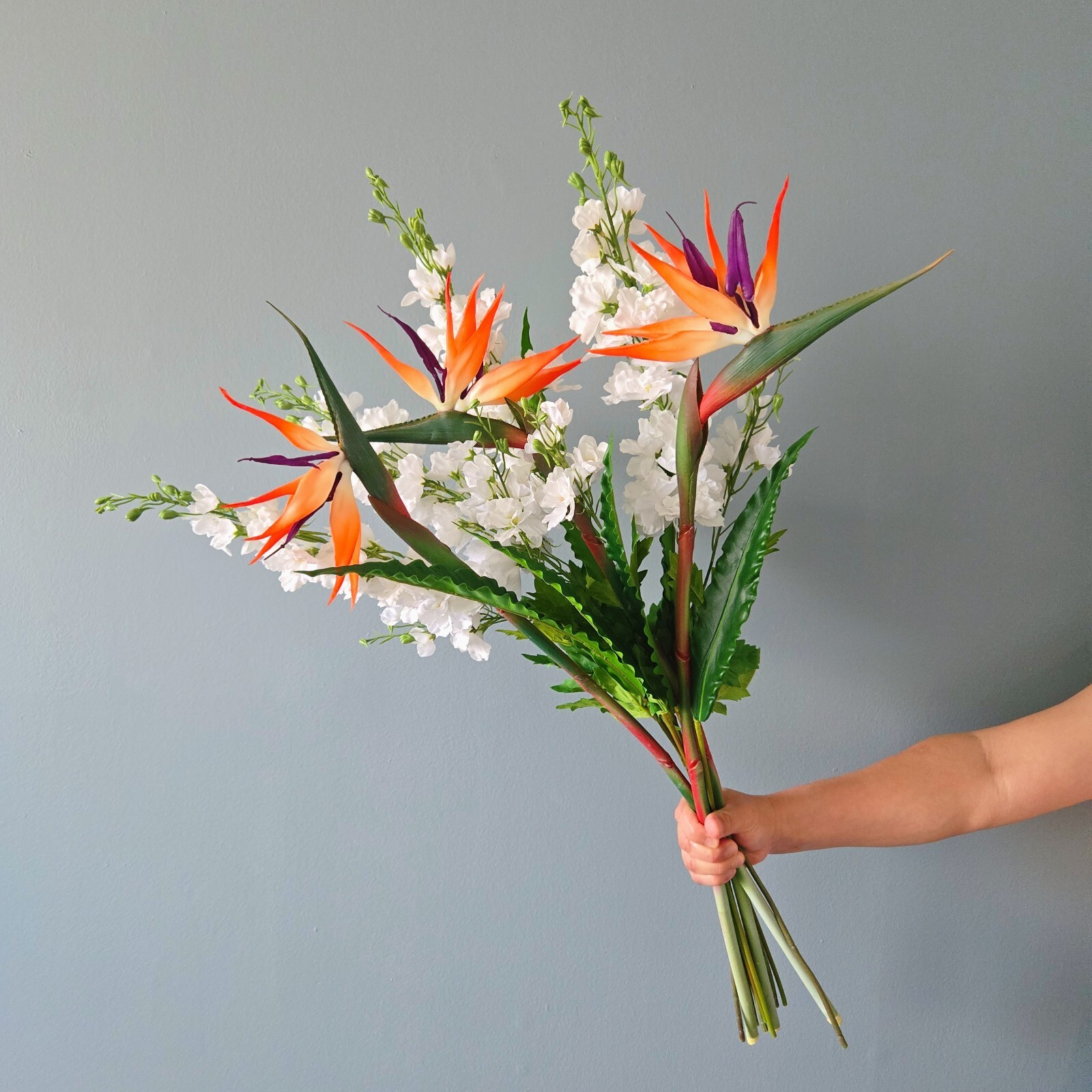 12-Stem Artificial Flower Set ?Bird of Paradise,Bird?s Nest Fern and Delphinium