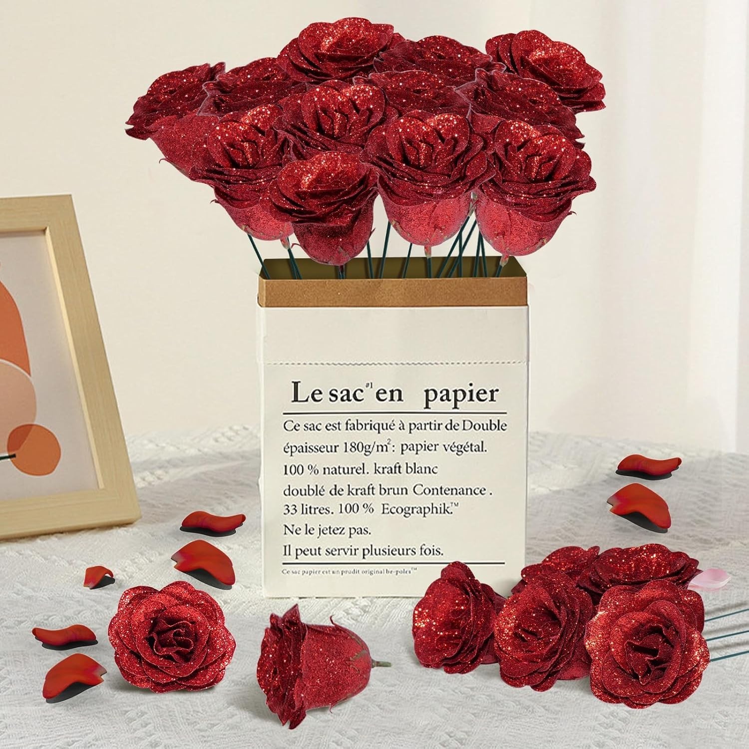 Glitter Roses Bouquet, 24 Pcs Shiny Glitter Flowers Bouquet, Everlasting Art