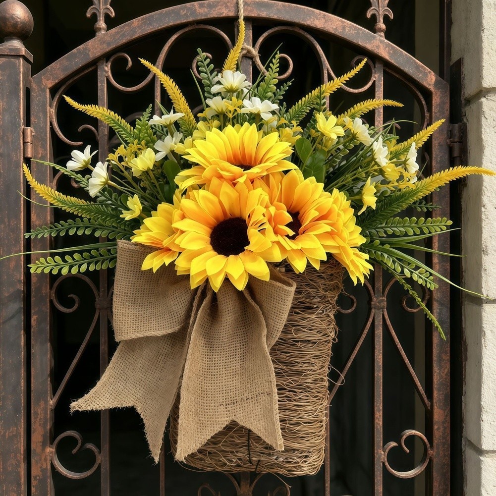 Plastic Sunflower Basket 35cm Handmade Autumn Wreath for Home Office Decor