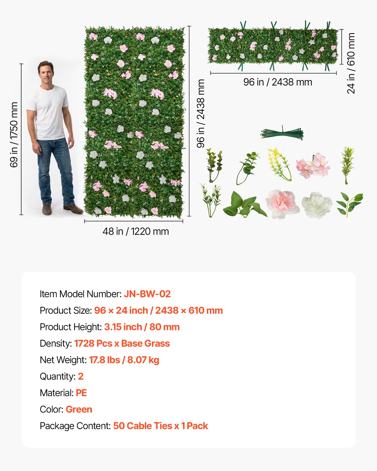 VEVOR Artificial Luxury‌ Flower Wall Backdrop 2PCS 2 x 8 ft Each Floral Backdrop
