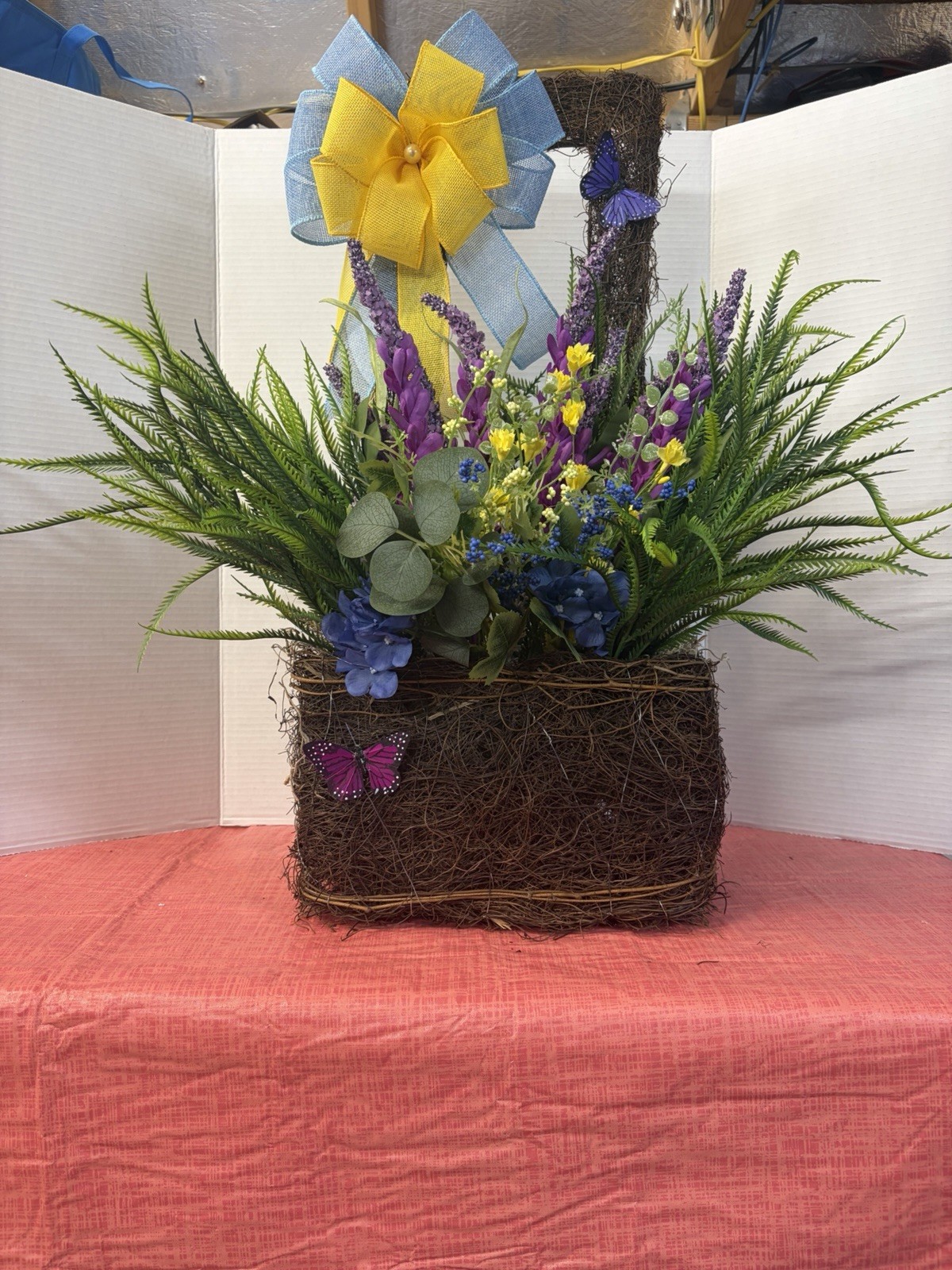Artificial Mixed Plastic Floral Centerpiece Green Purple Yellow Blue