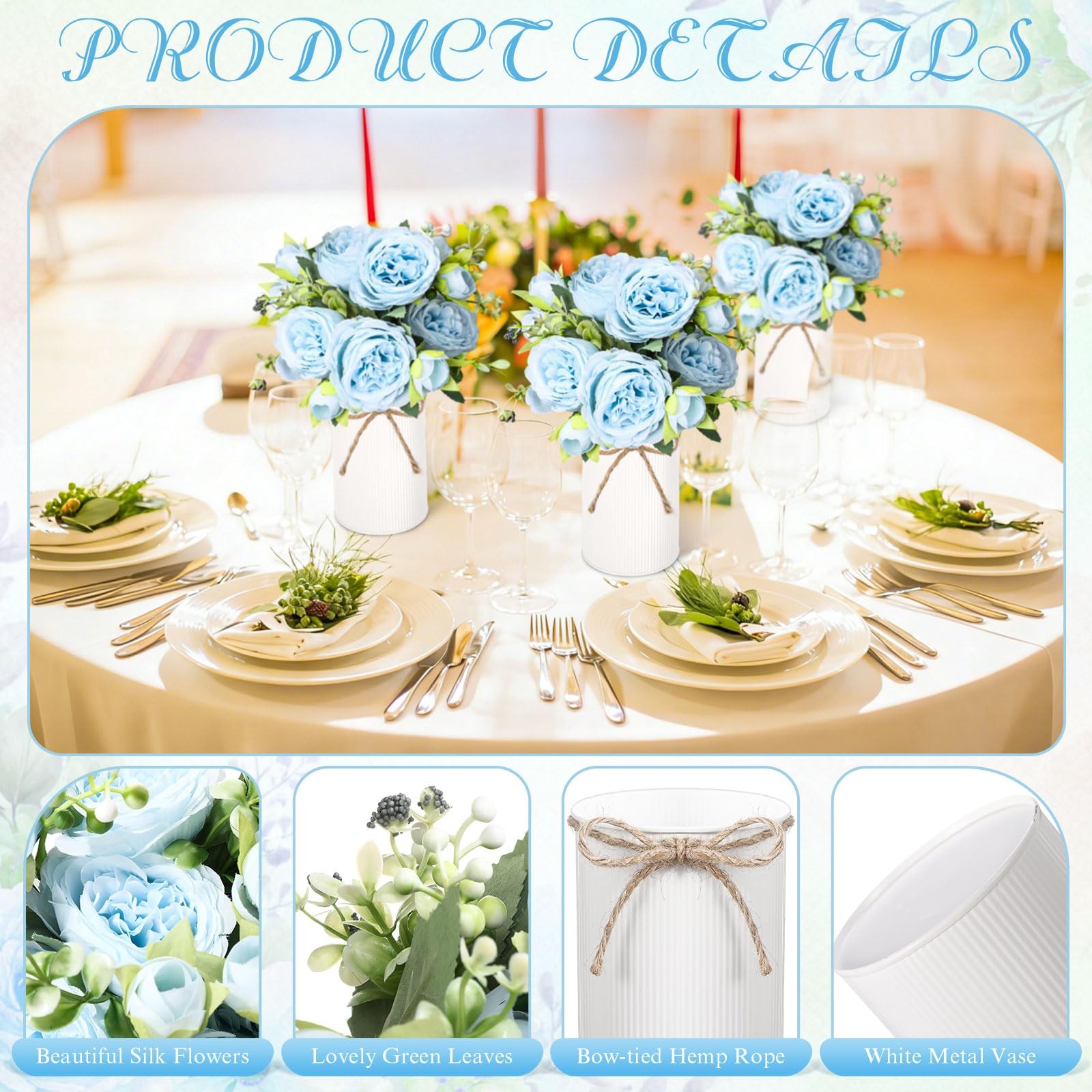 Light Blue Wedding Floral Centerpiece Artificial Peonies Bouquet 6 Sets