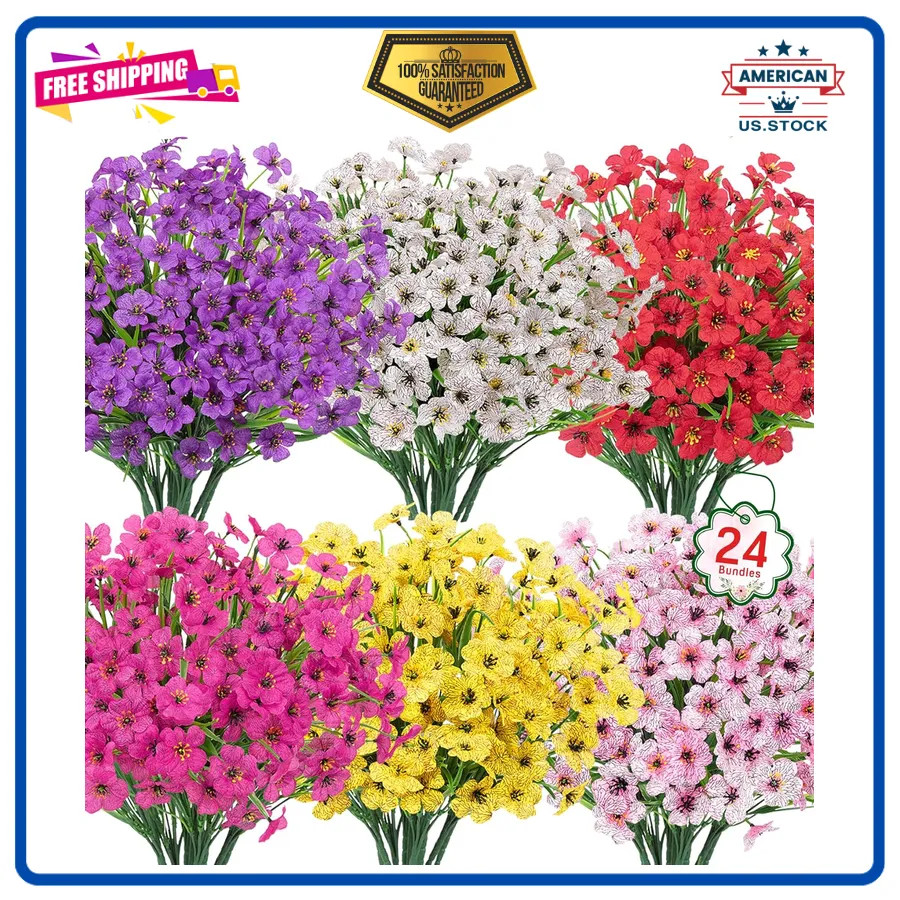 24 Bundles Artificial Flowers UV Resistant Silk Faux Plants for Outdoor Decor