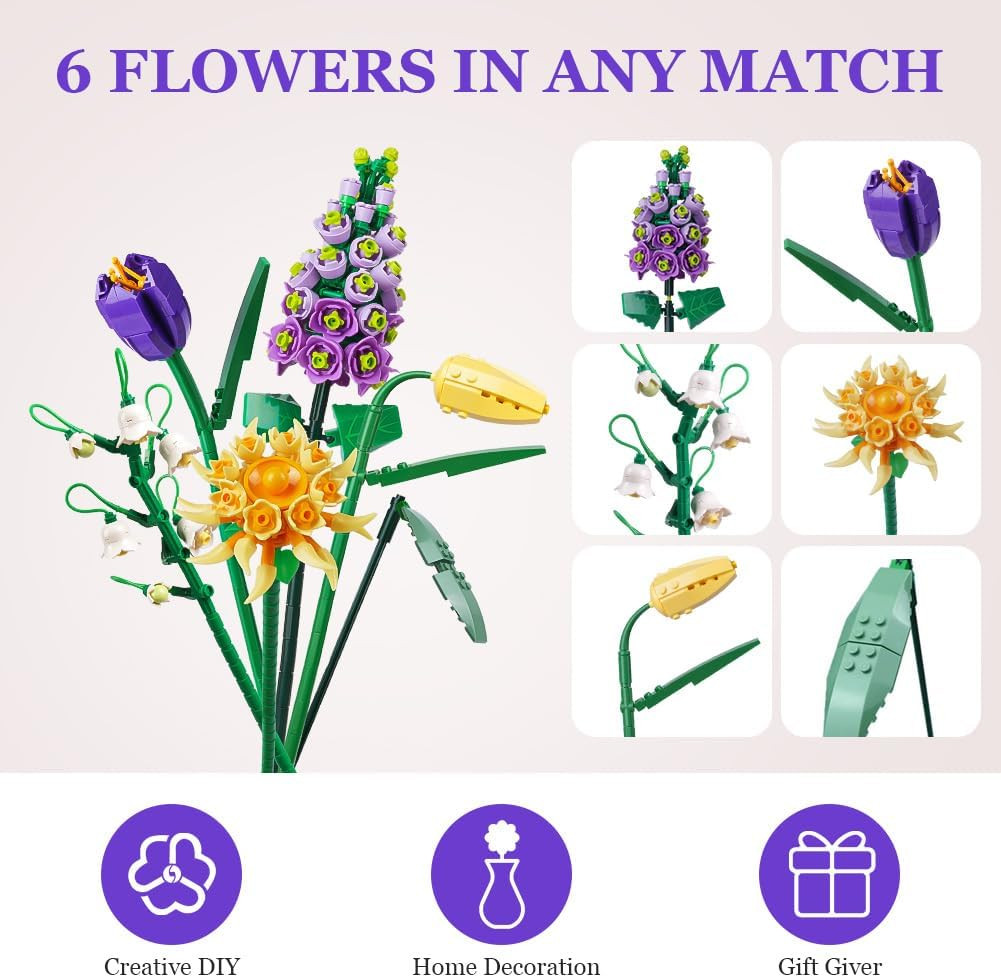 Mini Bricks Flower Bouquet Building Sets, Artificial Flowers, DIY Unique Decorat