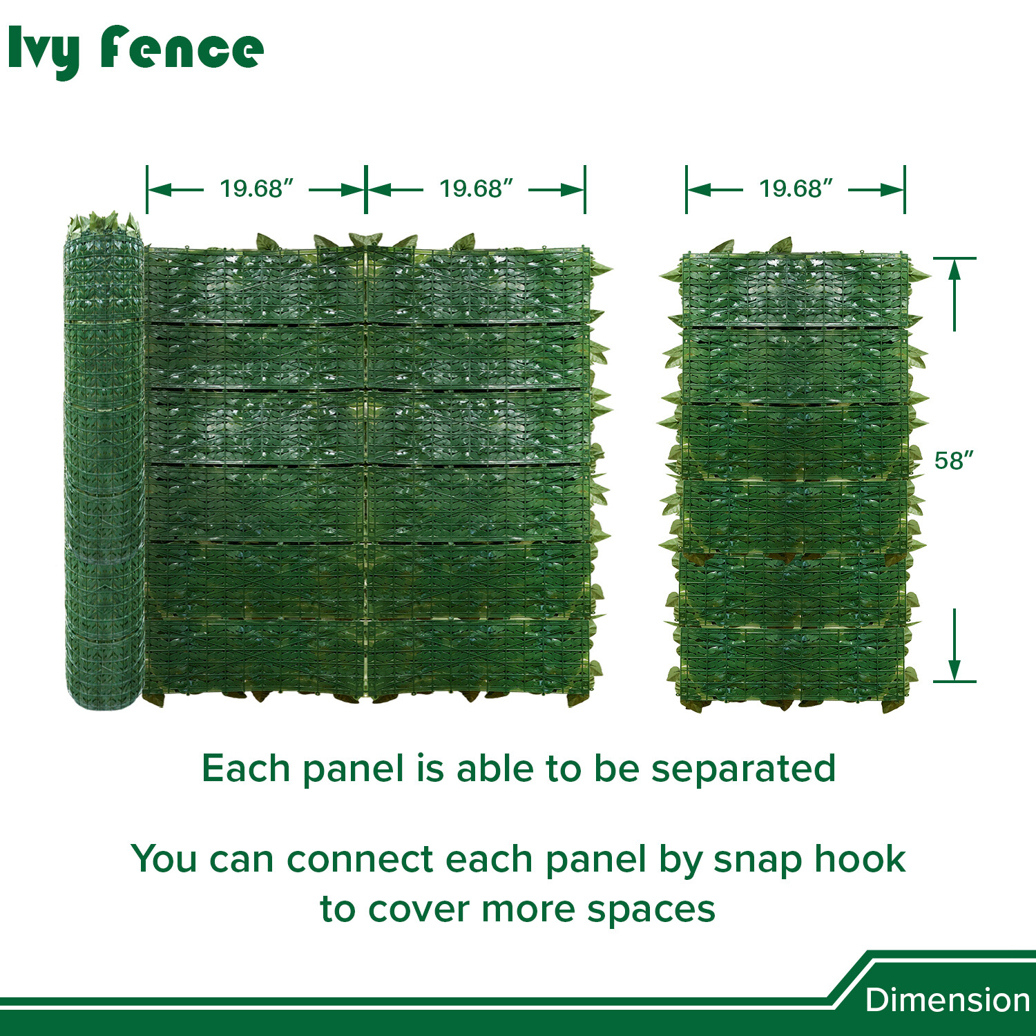 58×196″ Artificial Faux Laurel Ivy Leaf Outdoor Privacy Hedge w/ Plastic Backing