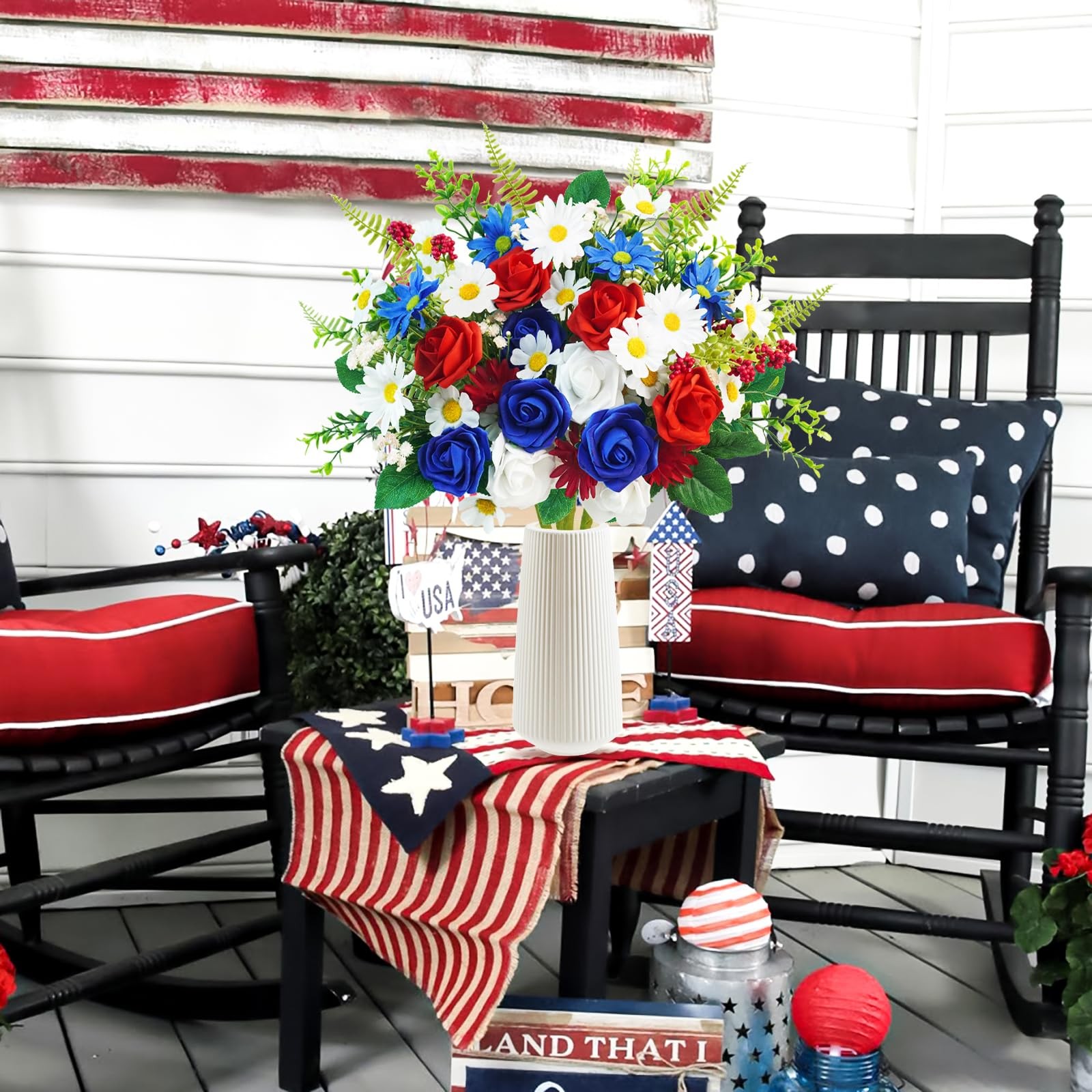 4 Bundles Patriotic Artificial Flowers 4th Of July Red White Blue Silk Rose