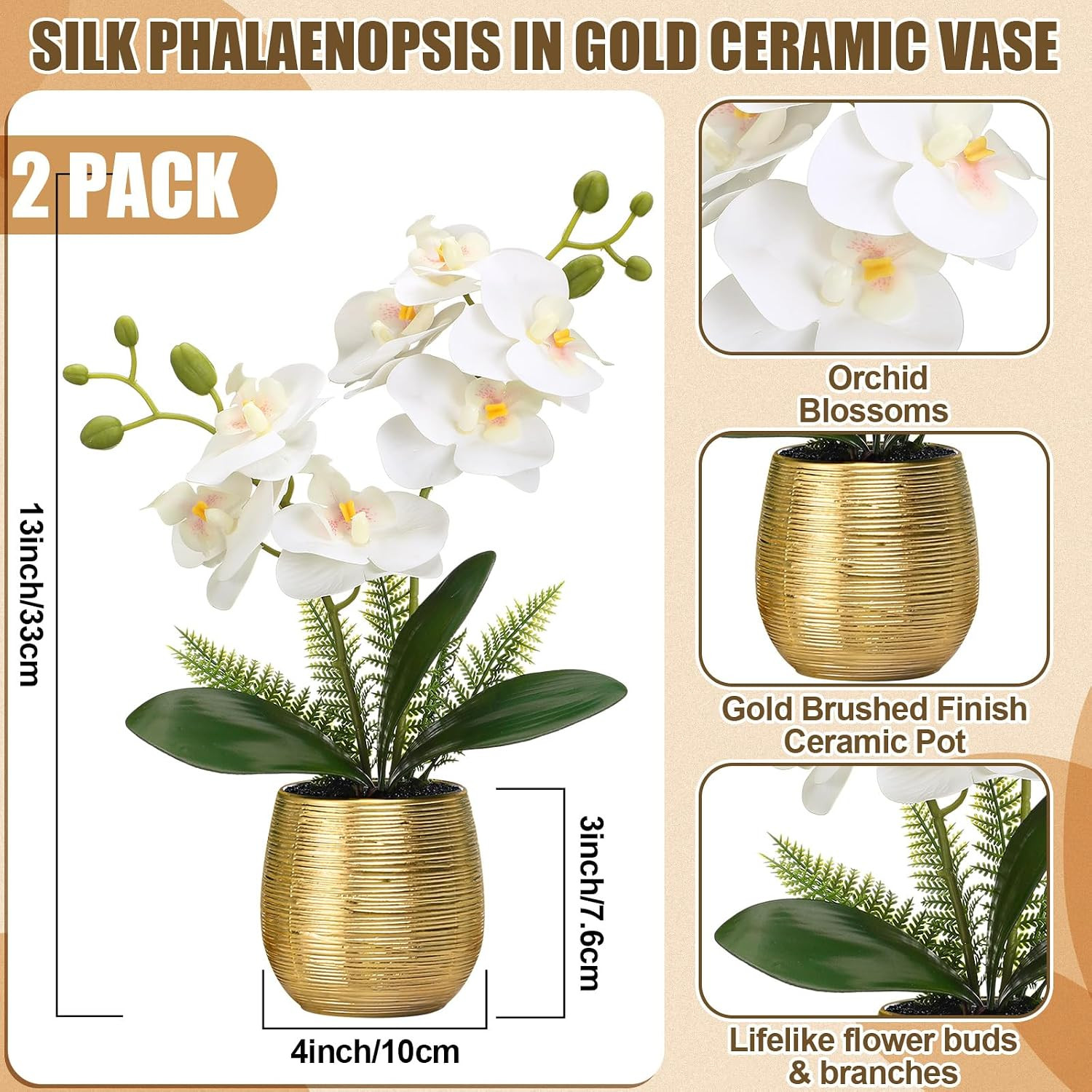 2 Pcs White Orchid Flowers in Gold Ceramic Vase for Home & Wedding Decor