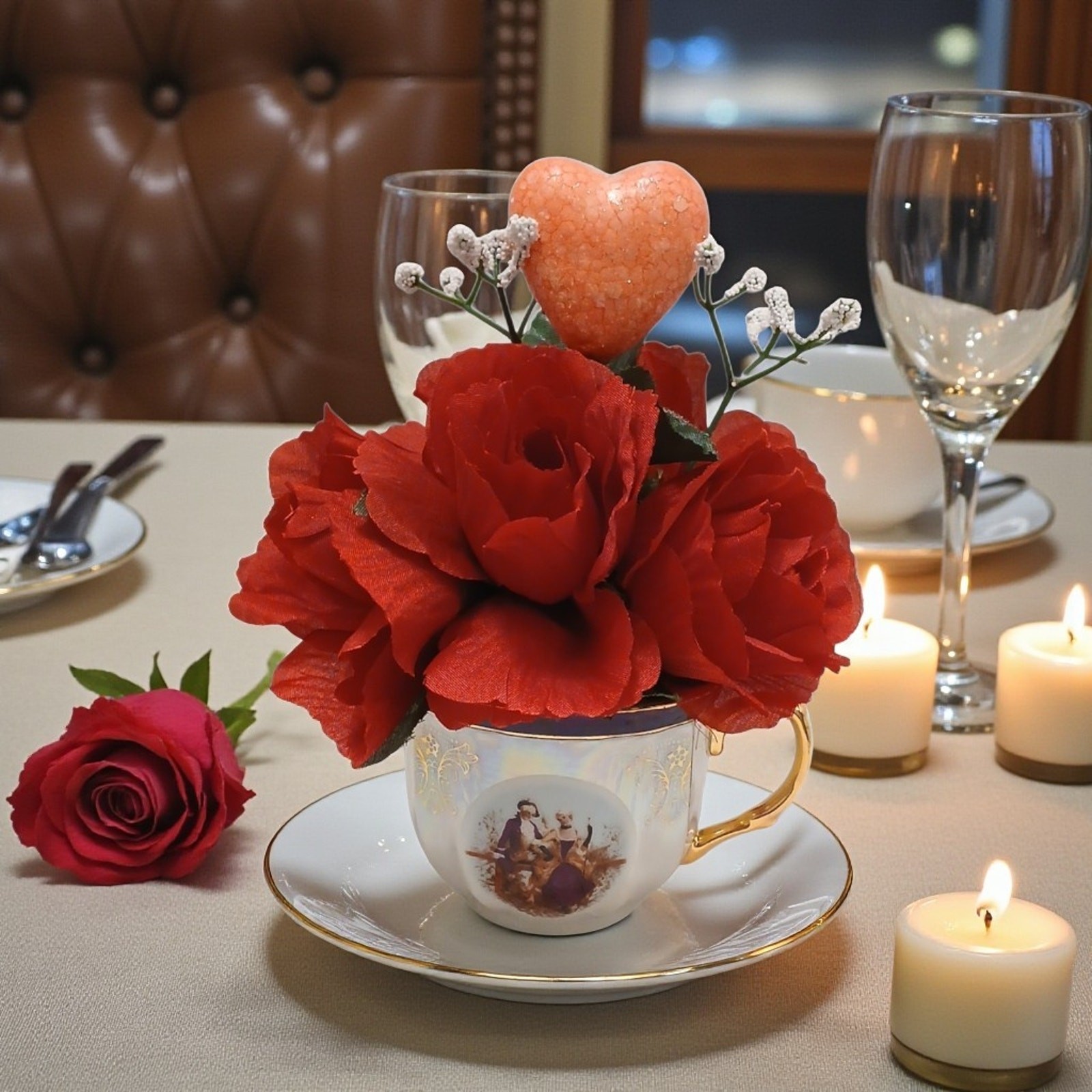 English Red Rose Floral Arrangement Tea Cup POP-IN Sparkle Heart Valentine Love