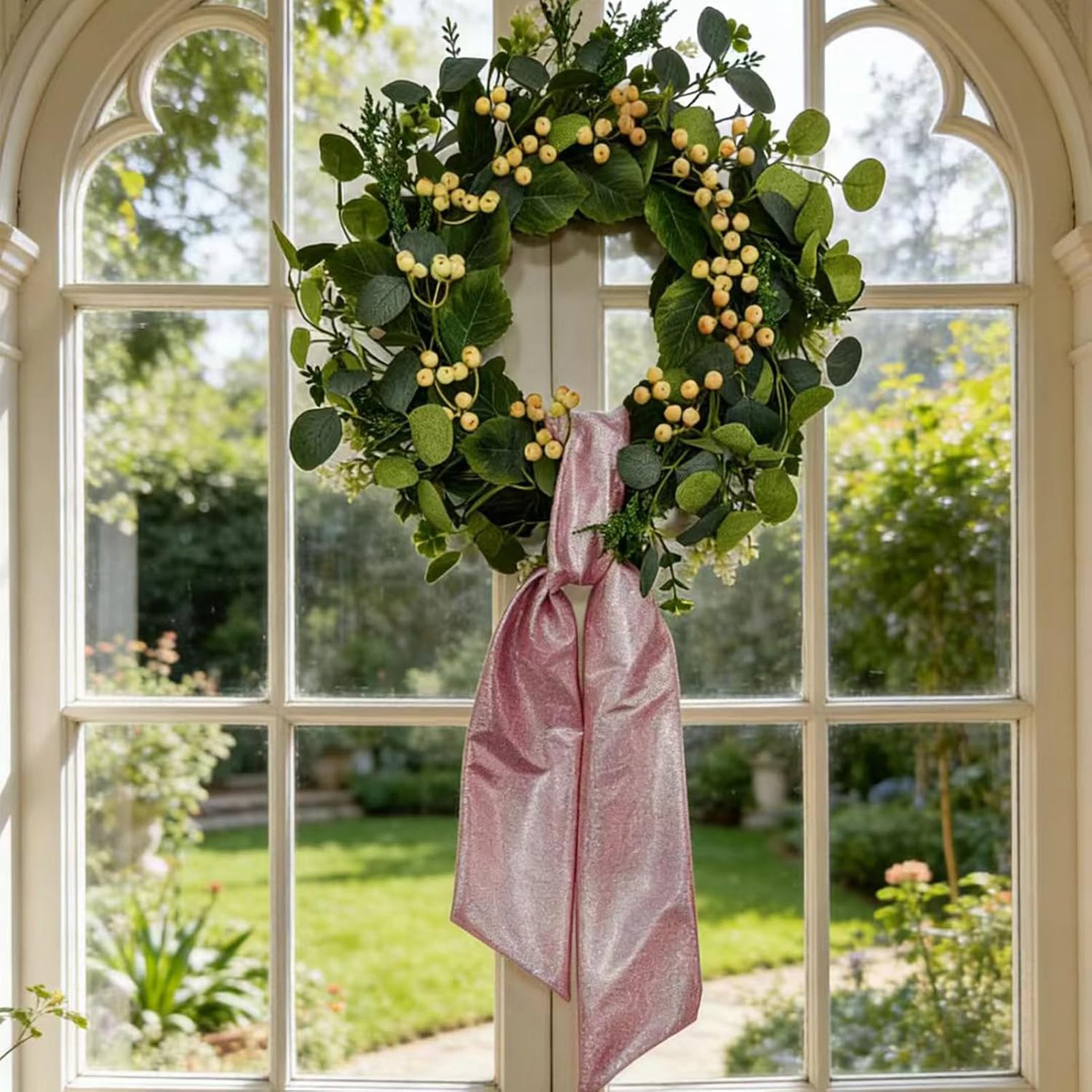 22 Inch Eucalyptus Wreath with Yellow Berries and Pink Sash for Front Door