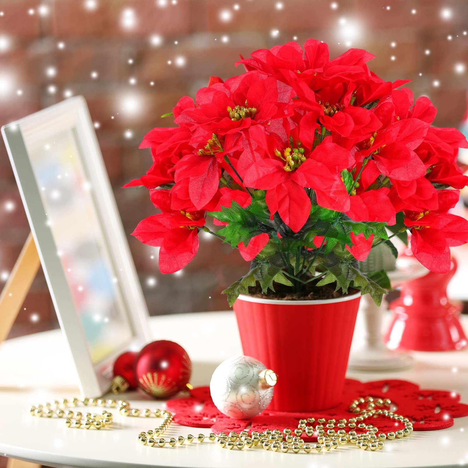 12 PCS 7 Heads Christmas Artificial Poinsettia Flowers Faux Silk Bush Red