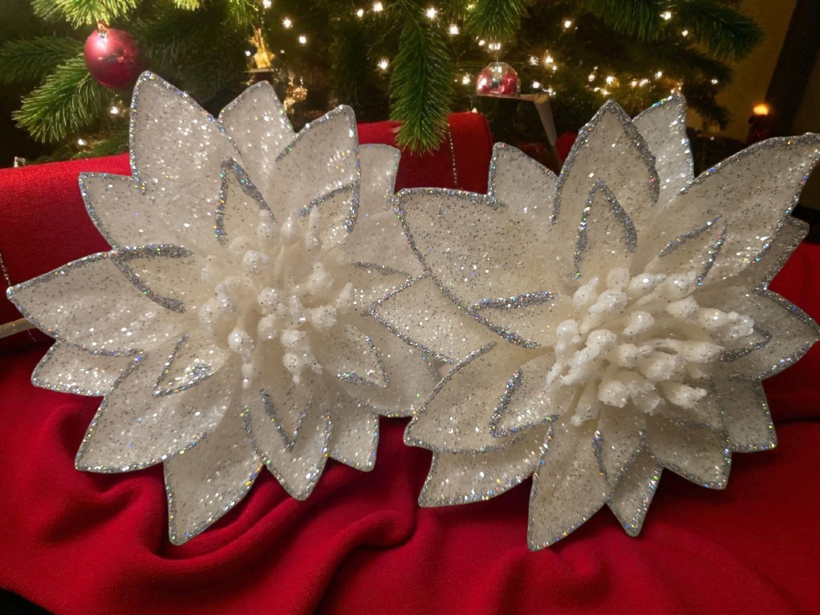 Christmas Flowers~6″ Beautiful White Sparkly Glitter Floral Decor (2 Pc)