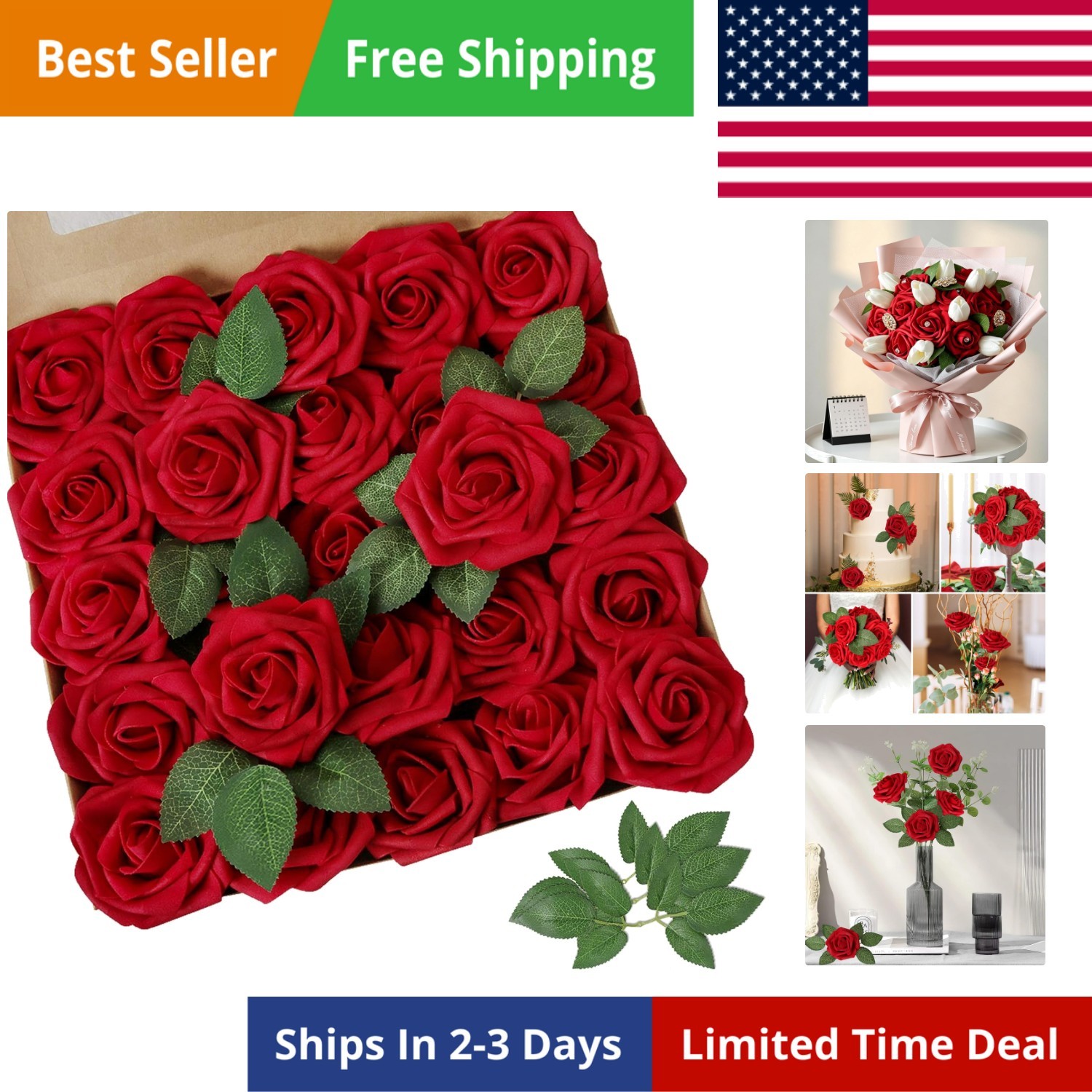 Artificial Flowers Dark Red Rose 25pcs Real Looking Fake Roses w/Stem for DIY…