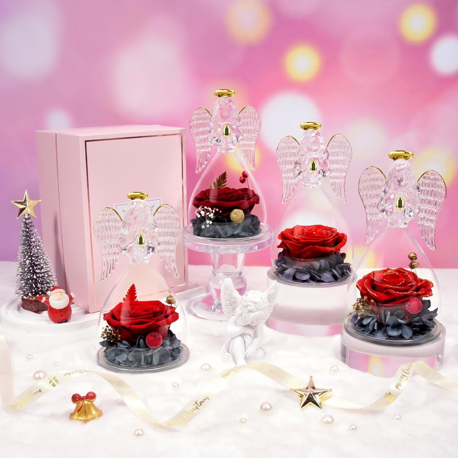 Gifts for Mom Birthday Gifts for Women Real Roses in Glass Angel Figurine