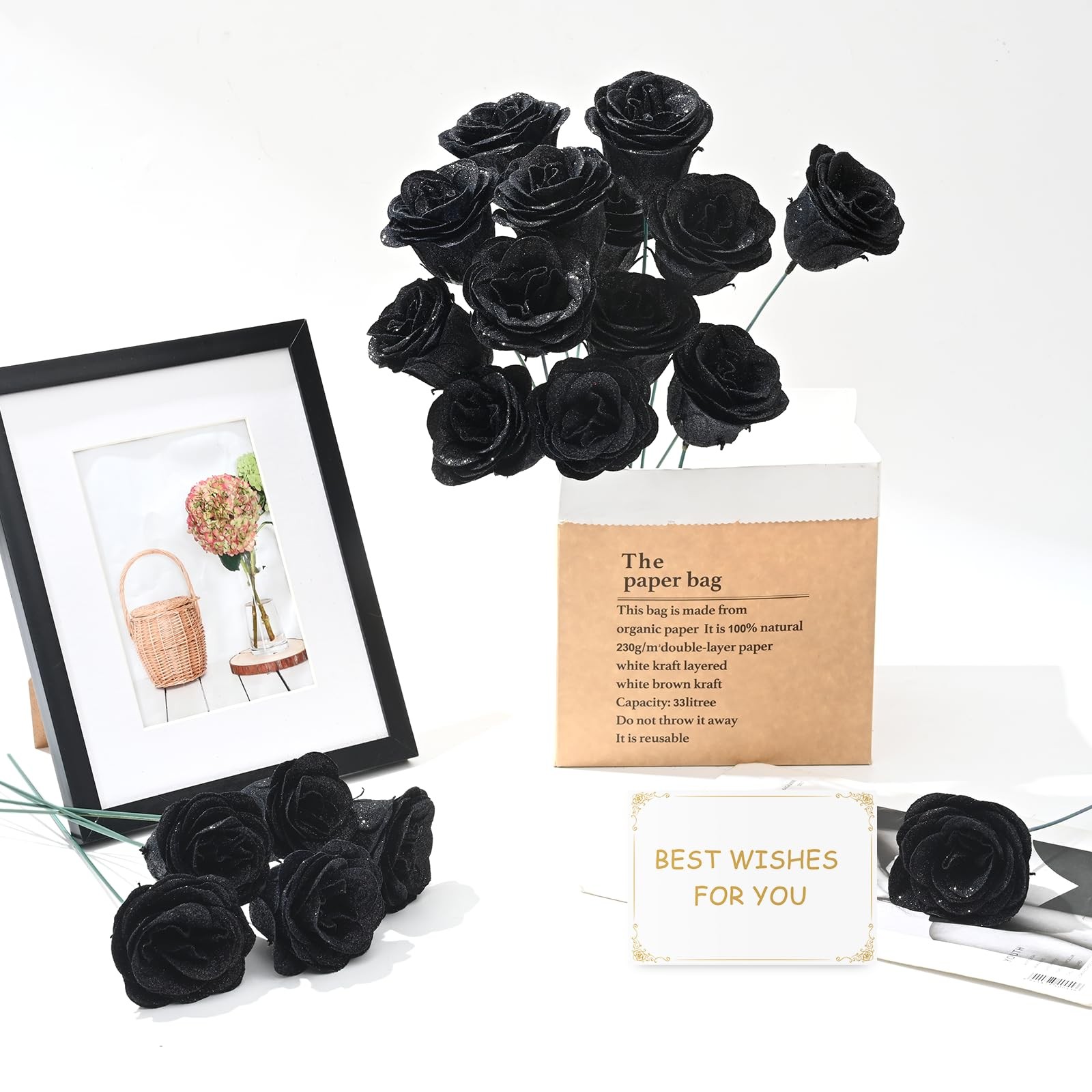 36 PCS Black Glitter Roses Bouquet DIY Artificial Fake Flowers Valentine Gift