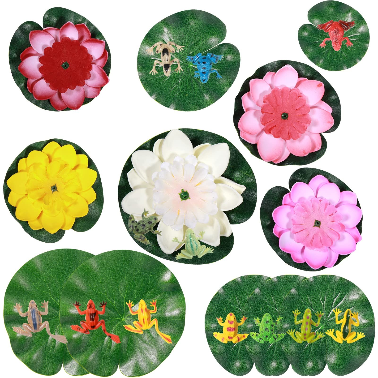 22 Pcs Water Lily Pad Artificial Floating Lotus Flower with Plastic Frog Figu…