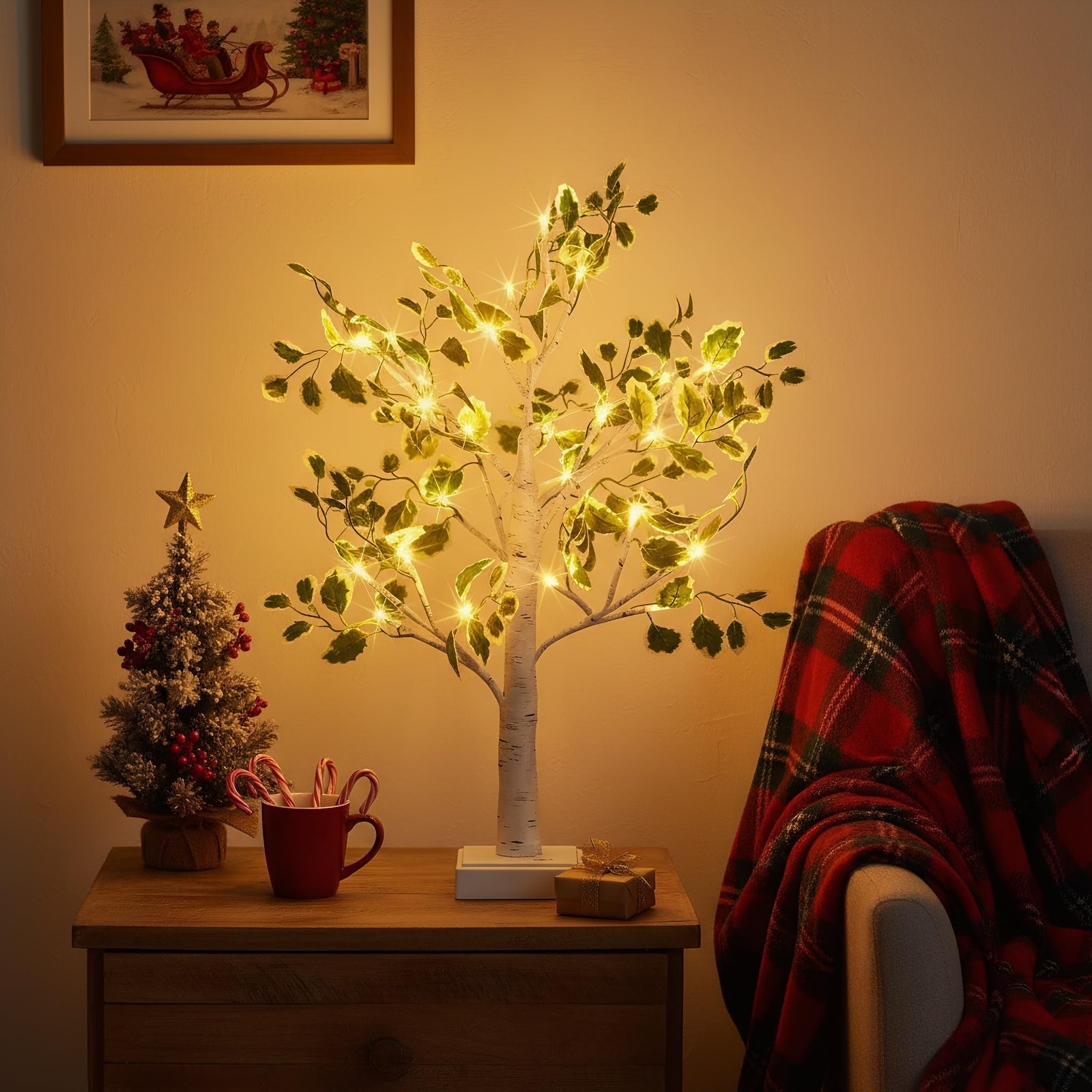 Birch Tree Lights 2ft, Fairy Light Tree with Green Leaves, USB/Battery Powere…