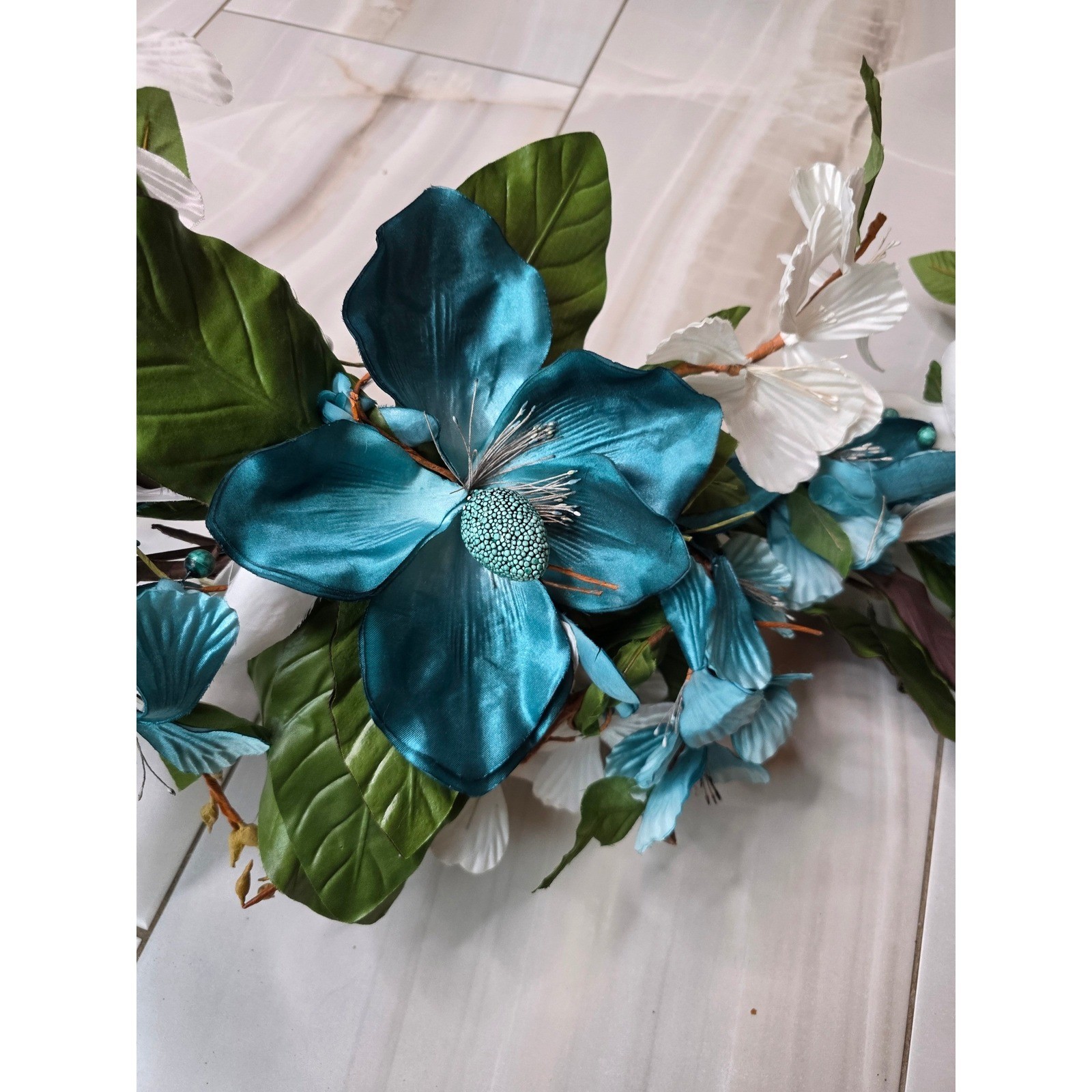Large Teal & White Floral Wall Decor Metal Flower Wall Art 37″ Wide