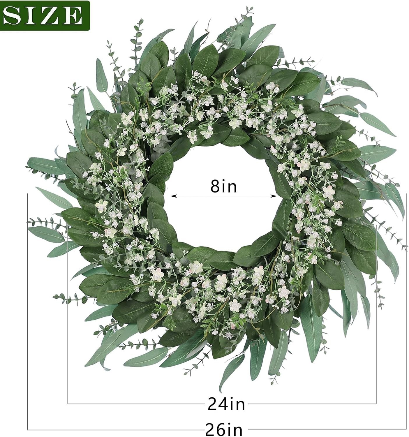 26-Inch Eucalyptus and Babys Breath Wreath for Front Door All-Season Indoor O…