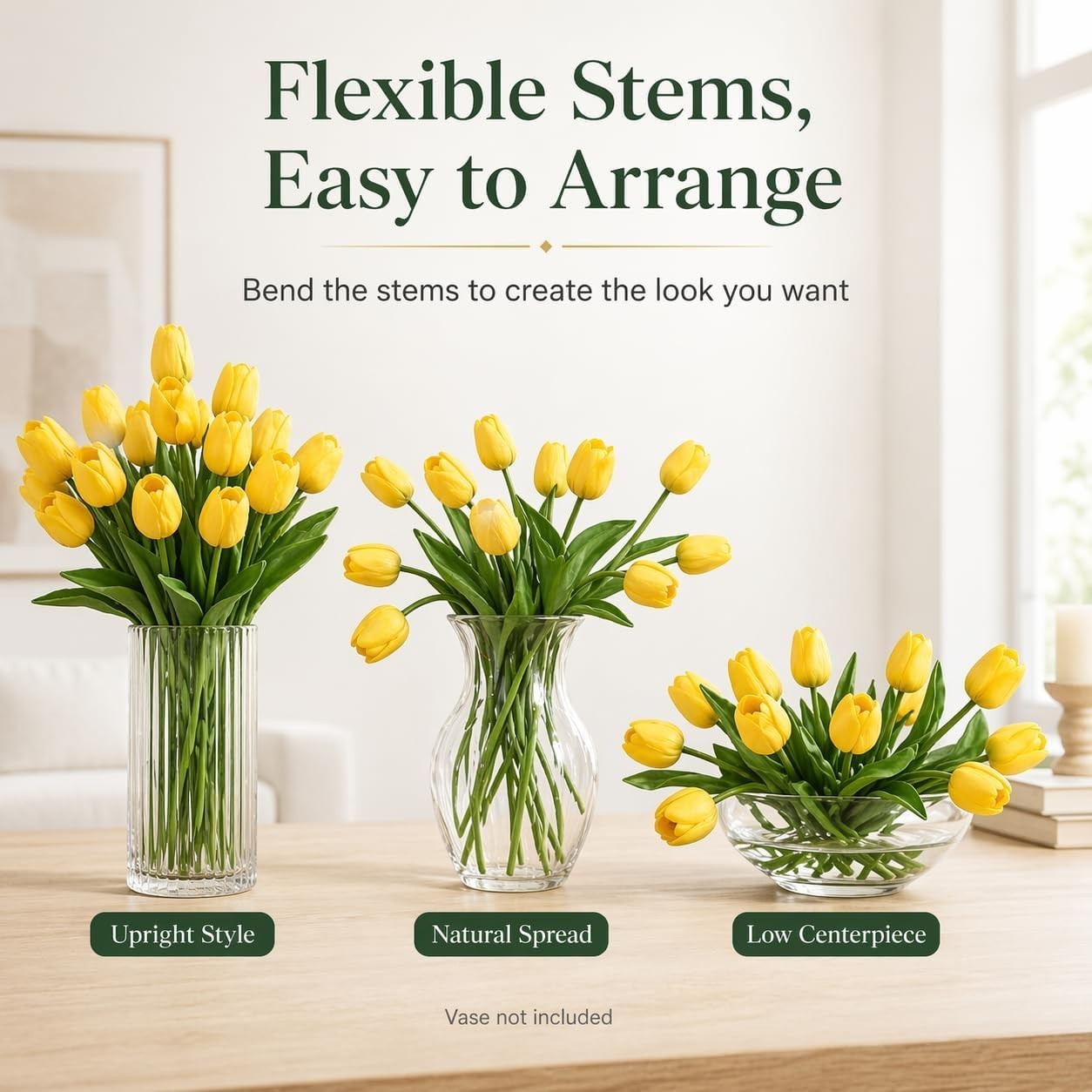 Yellow Artificial Tulip Flowers – 13.7″ 30PCS Real Touch Fake PU Tulips Bouqu…