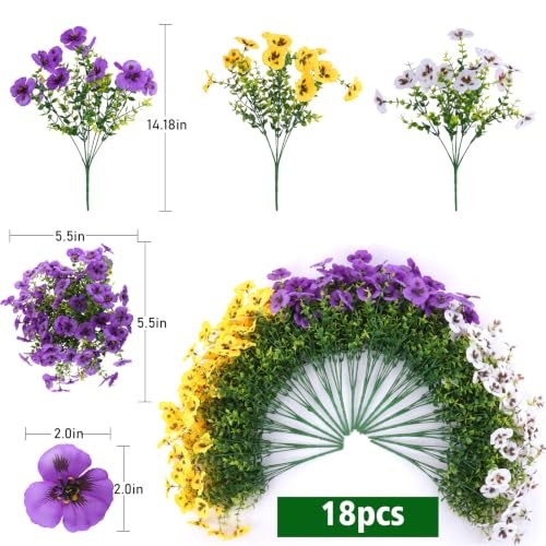 18 Pcs Artificial Pansy Flowers Faux Silk Outdoor Plants for Porch Yard Decor