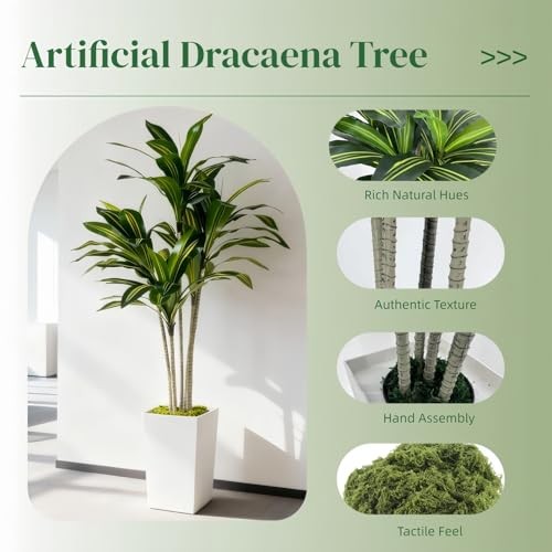 Artificial Dracaena Tree 5FT with White Tall Planter – Faux Tree Dracaena 5ft