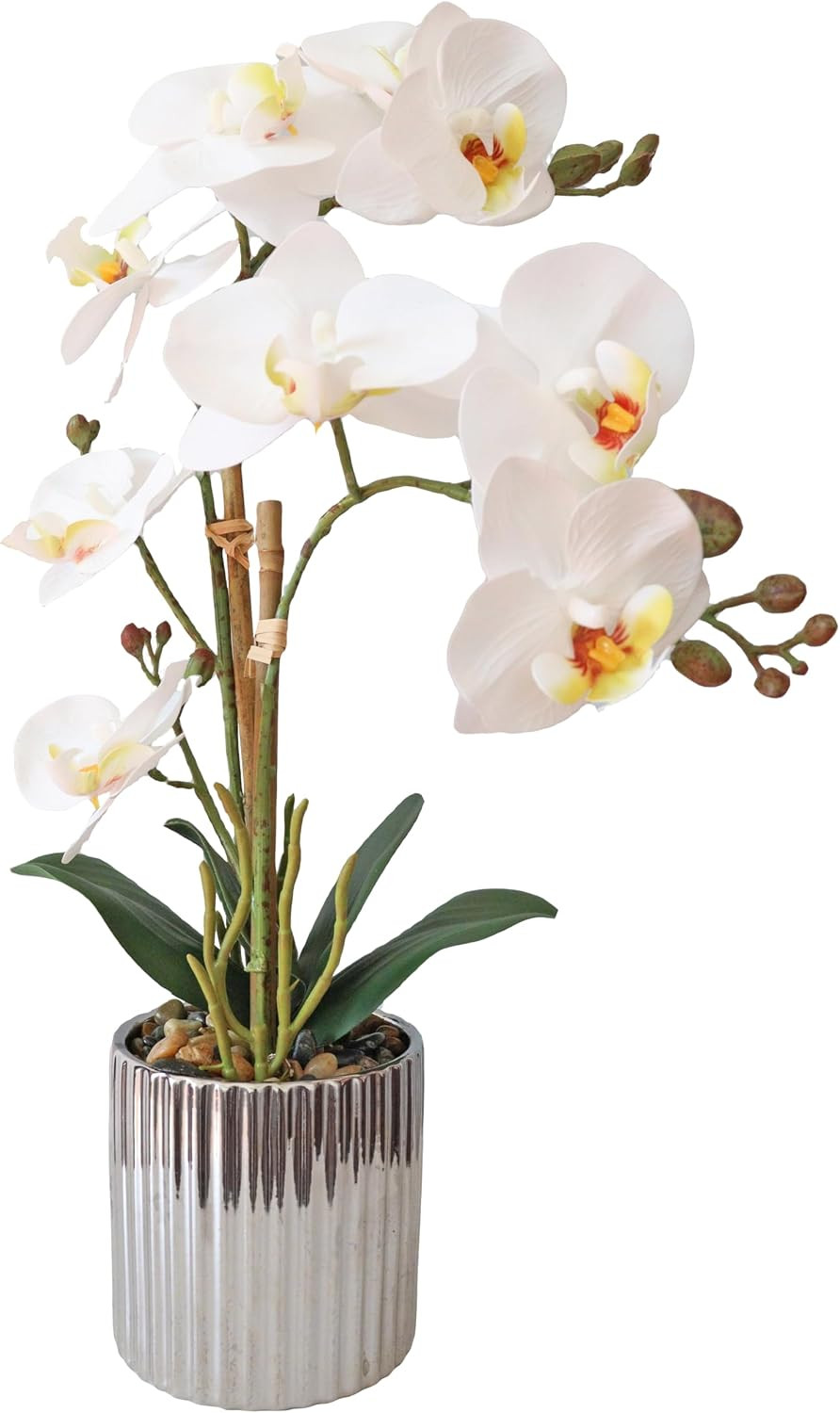 Realistic White Orchid Plant in Silver Vase – Elegant Home Decor Centerpiece
