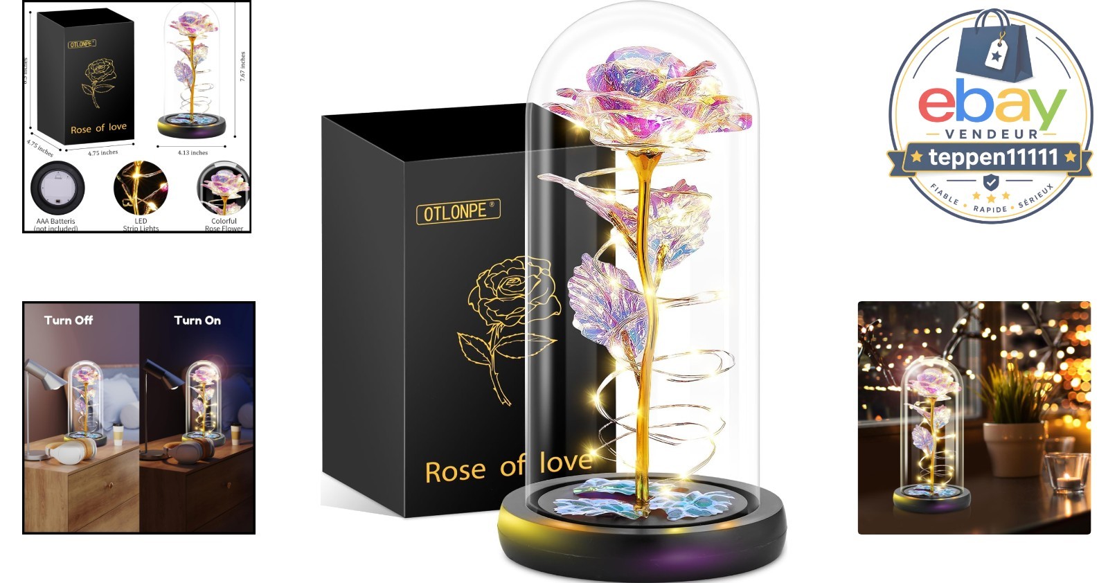 Colorful Glass Rose Flower Lamp LED Light Home Decor Gift