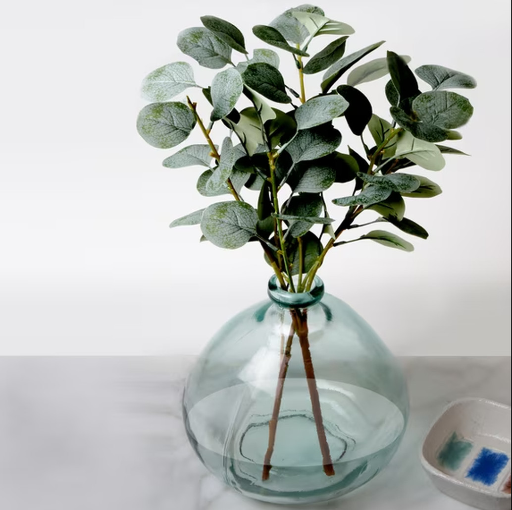 Better Homes & Gardens 12 Inch Artificial Green Eucalyptus in Blown Glass Vase