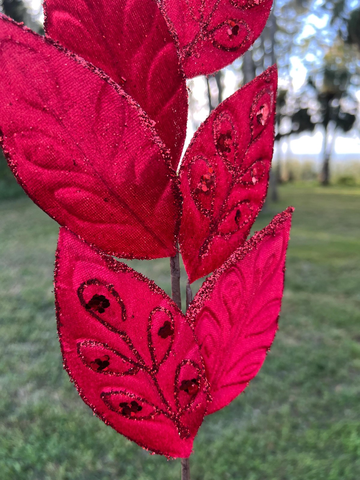 Regency Velvet Leaf Spray with Jewels Pick Stem Christmas Tree Decor Accent