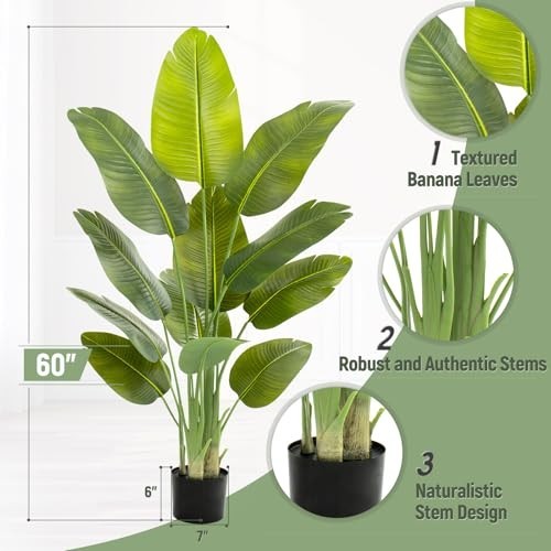 Lifelike Bird of Paradise Artificial Plant,5ft Faux Banana Leaf Tree with 12 …