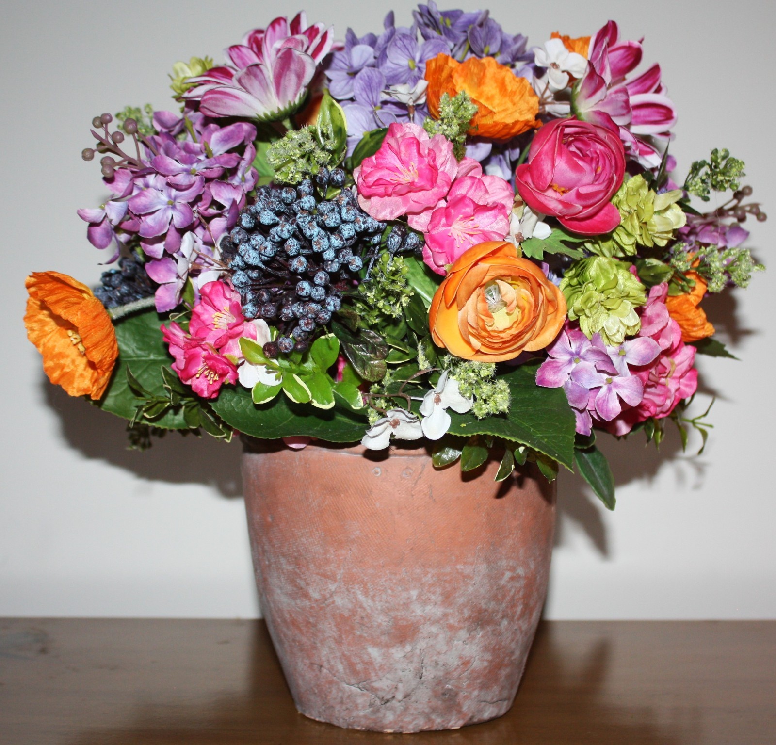 Faux Floral Arrangement In Mossed Terracotta Planter With Mackenzie Childs Bow!