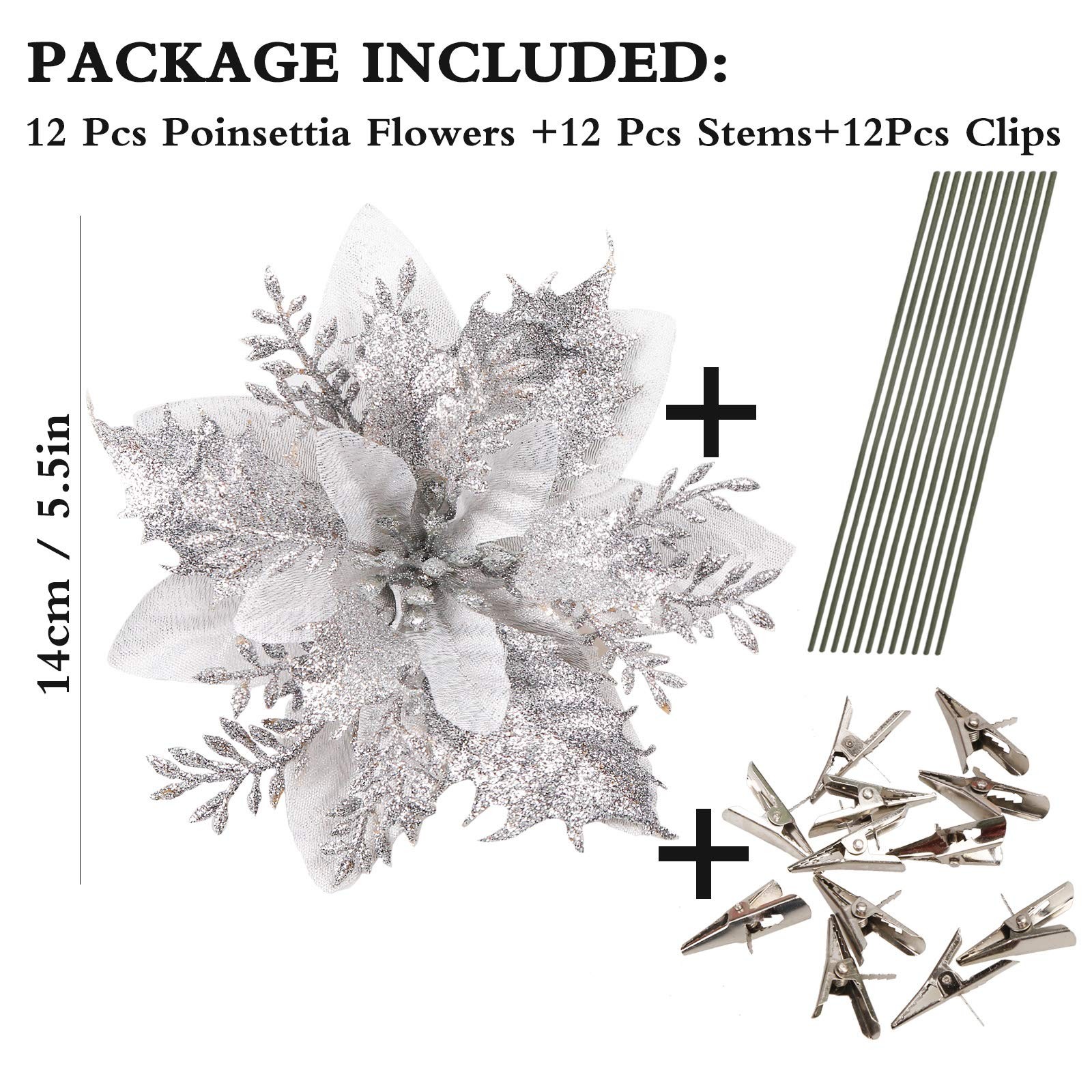 Greentime 12 Pcs 14cm / 5.5in Silver Poinsettia Artificial Flowers with Clips