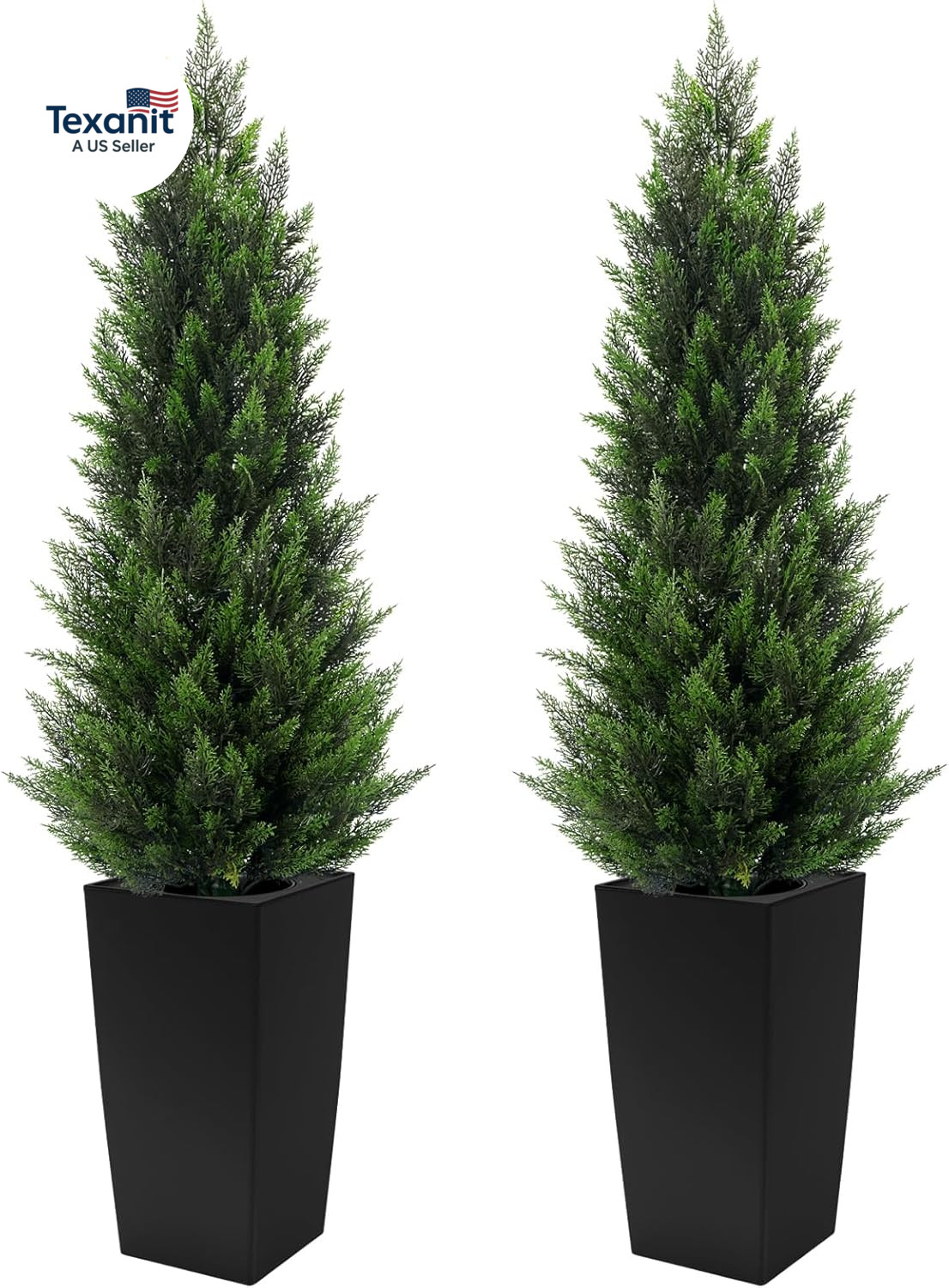 5FT Tall 2 Pack Artificial Cedar Topiary Trees with Compact Pyramidal Shape, Rea
